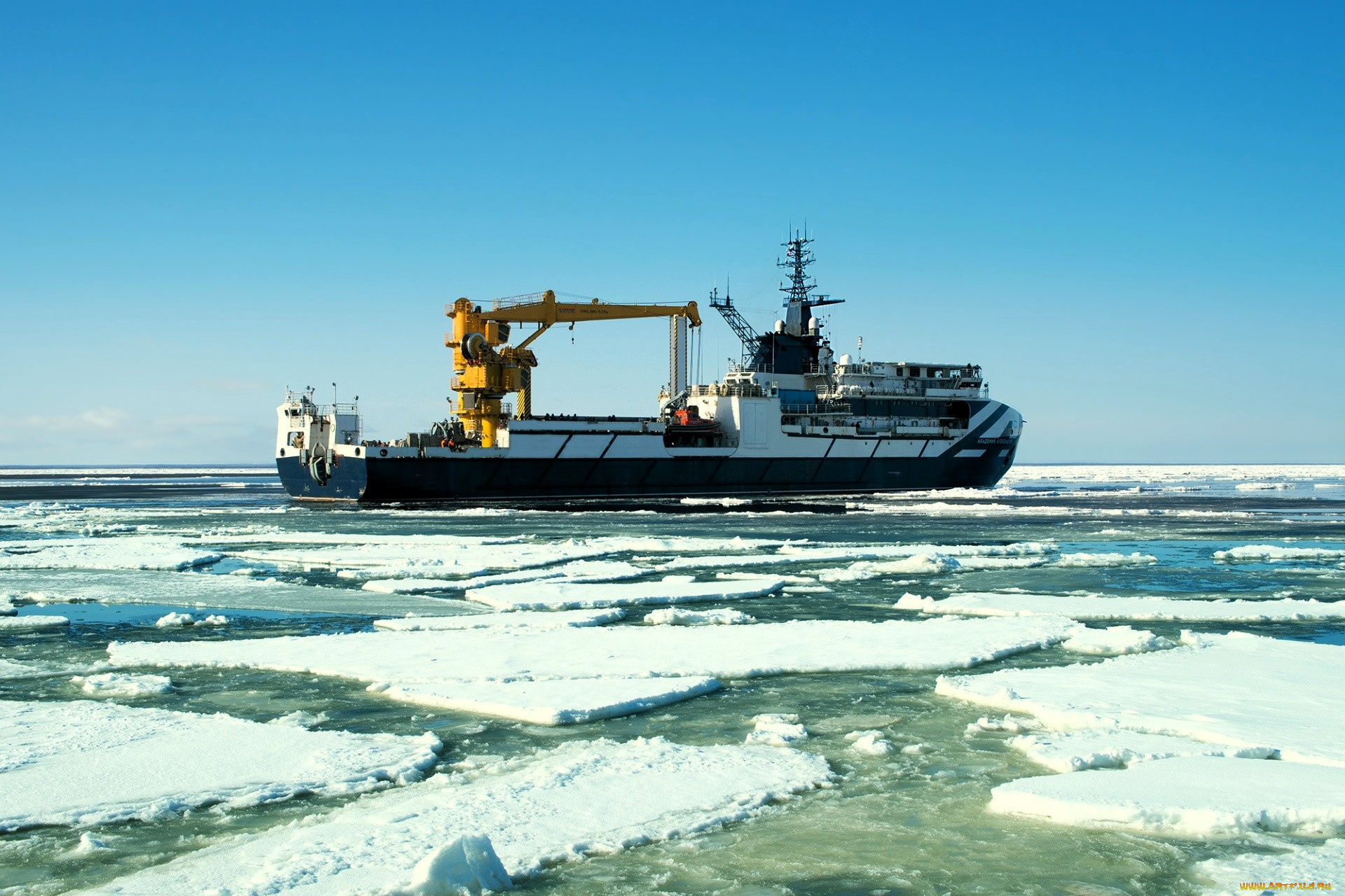 корабли, другое, корабль, кран, лед, море