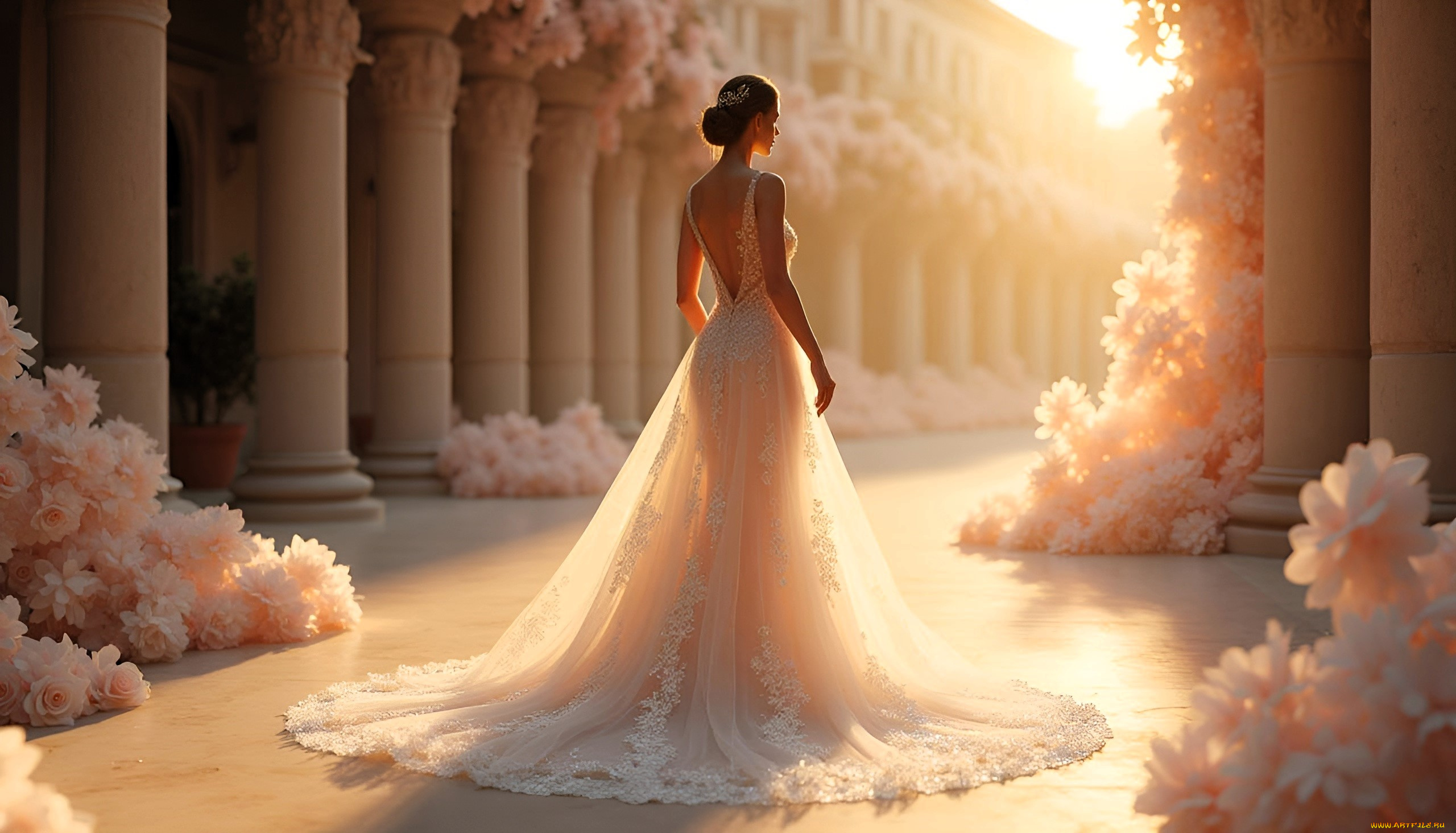3д, графика, люди, , people, девушка, невеста, колонны, платье, цветы