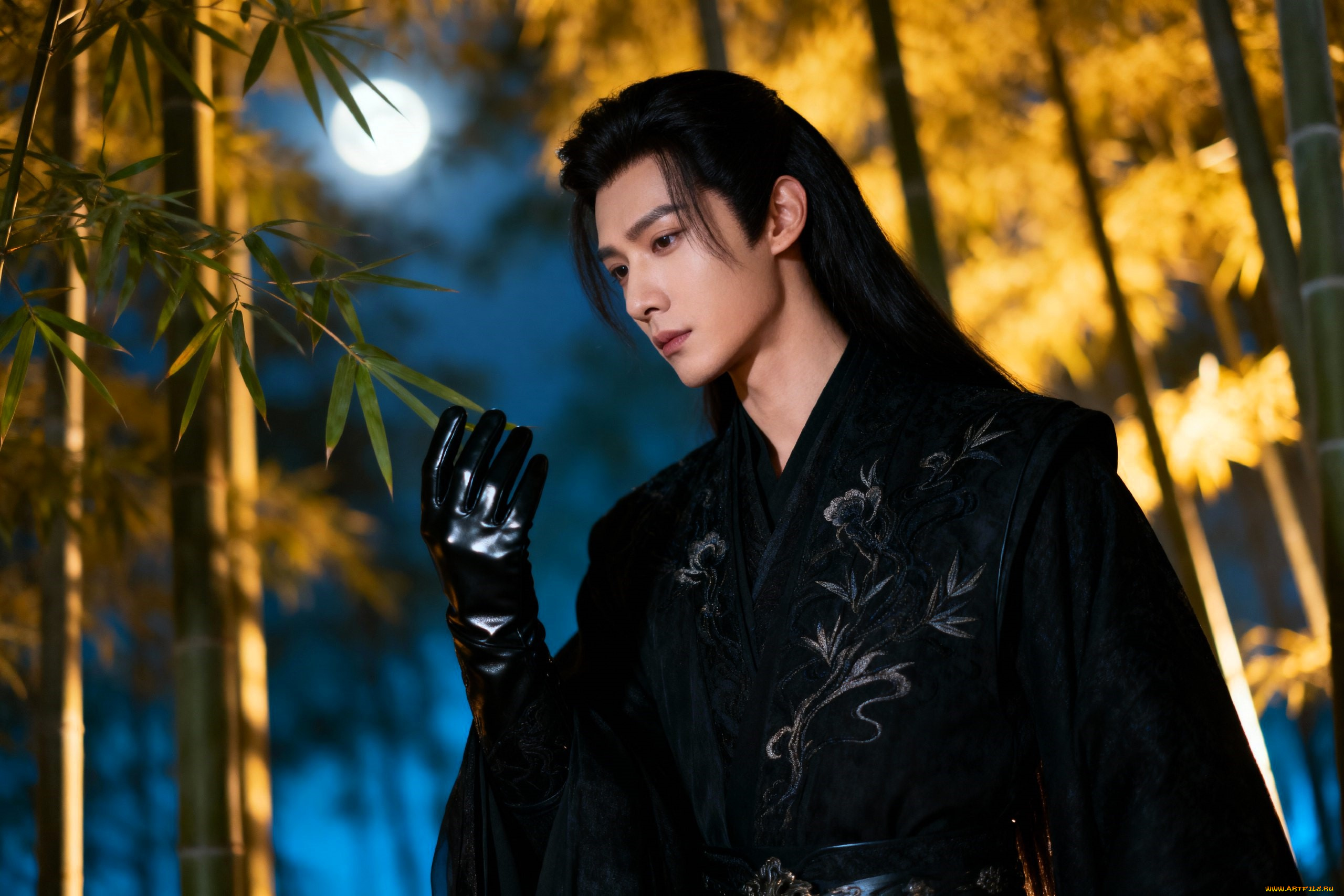 3д, графика, люди, , people, мужчина, наряд, перчатка, луна, лес, бамбук