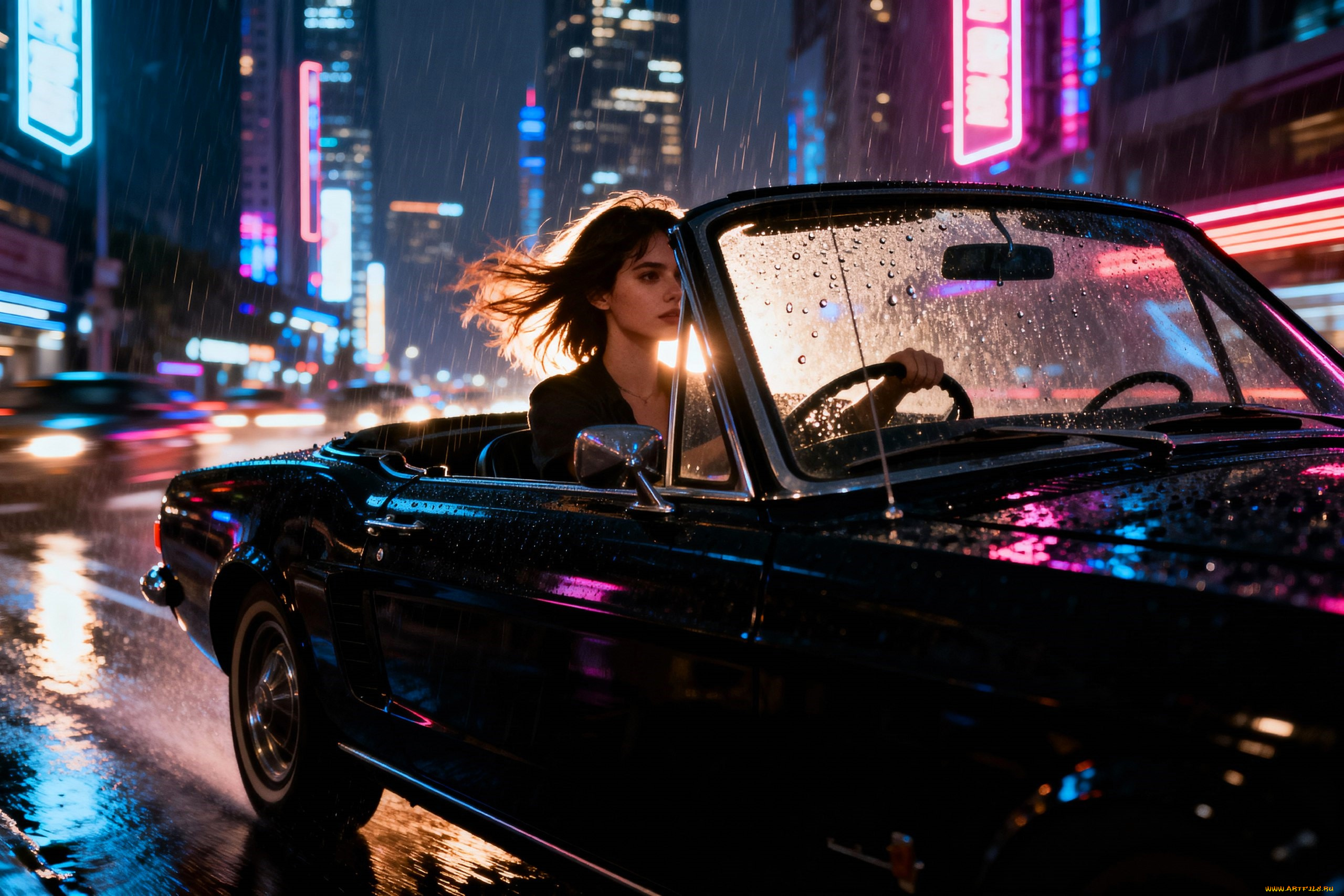 3д, графика, люди-авто, мото, , people-, car, , , moto, девушка, машина, дождь, город, дома