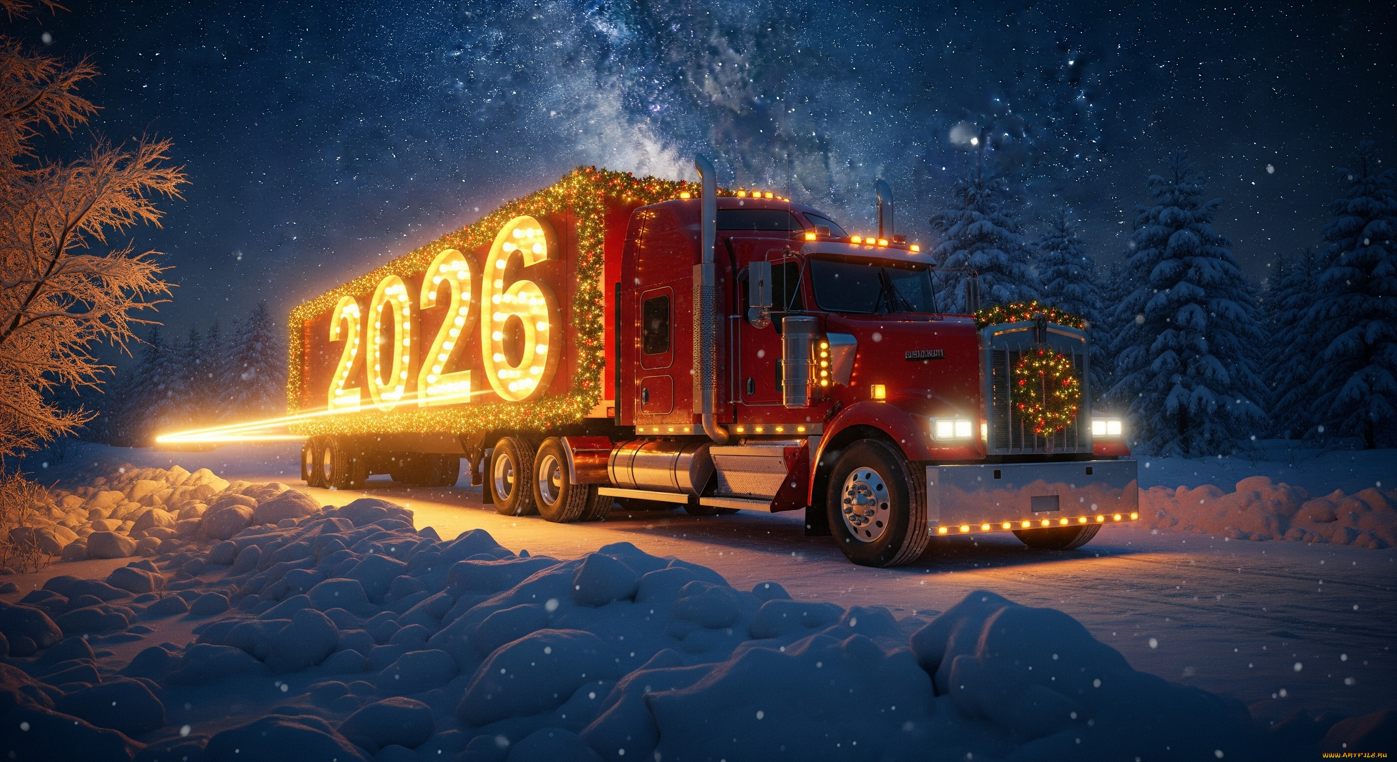 праздник, праздничные, -, разное, , новый, год, зима, дорога, лес, небо, снег, ночь, новый, год, 2026, грузовик