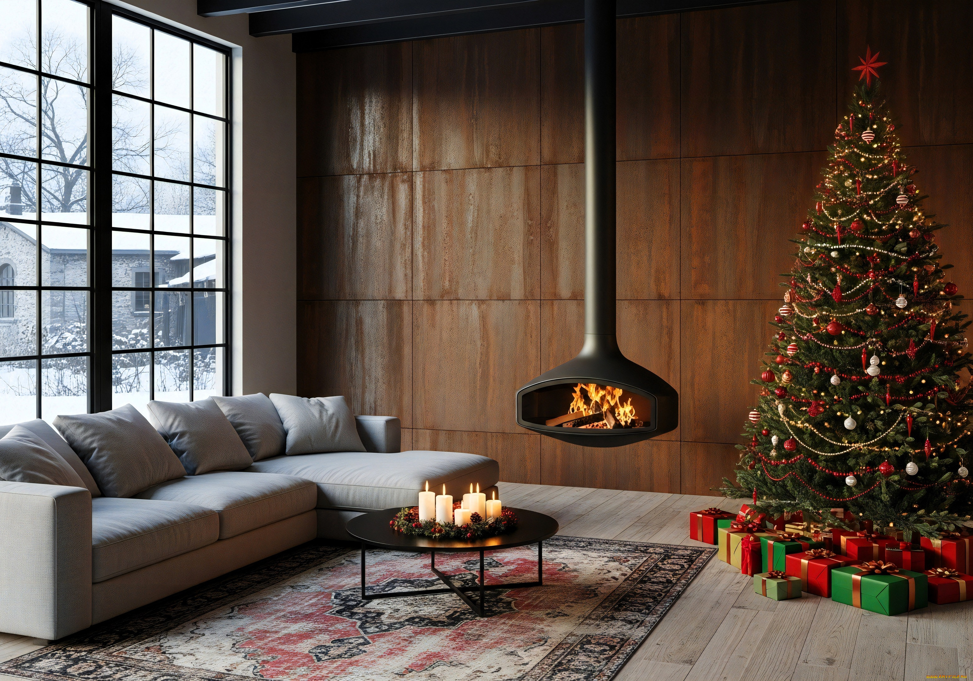 праздничные, -, разное, , новый, год, дома, комната, окно, диван, камин, ёлка, ковер, стол, свечи