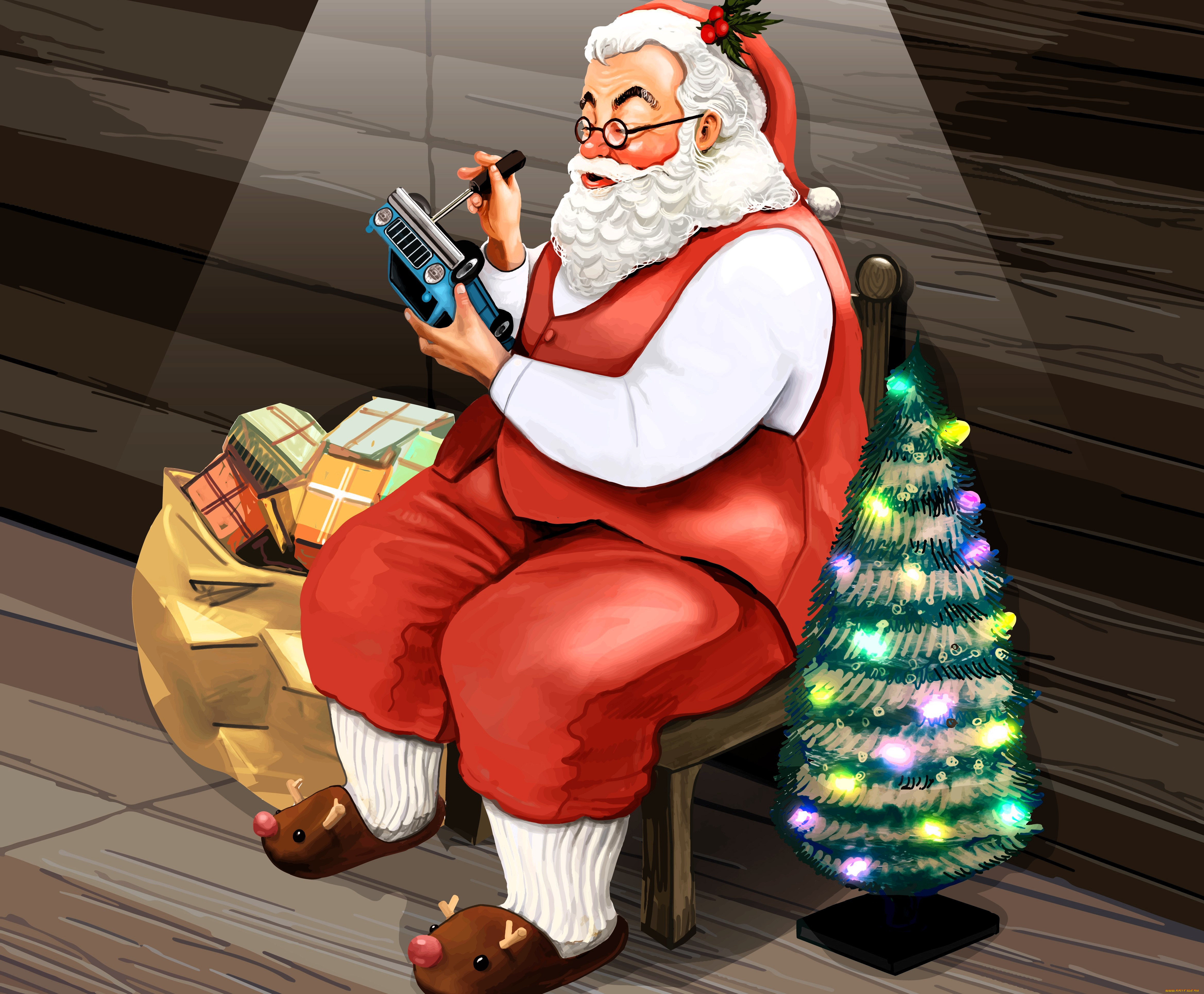 праздничные, дед, мороз, , санта, клаус, дед, мороз, машинка, мешок, подарки, ёлка