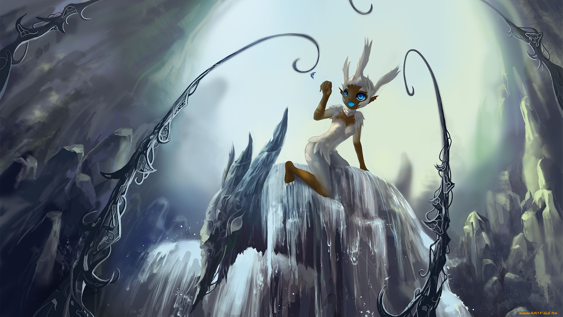 аниме, angels, demons, водопад, скалы, бабочка, существо, девочка, монстр