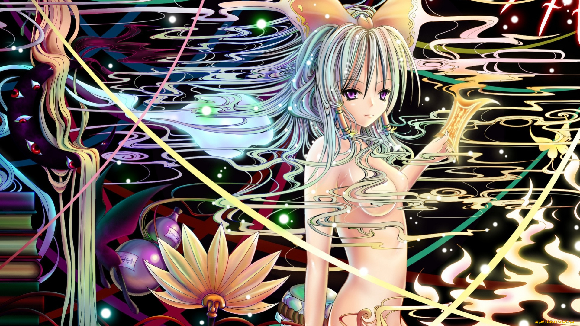 аниме, touhou, глаза, меч, девушка, демоны, цветы