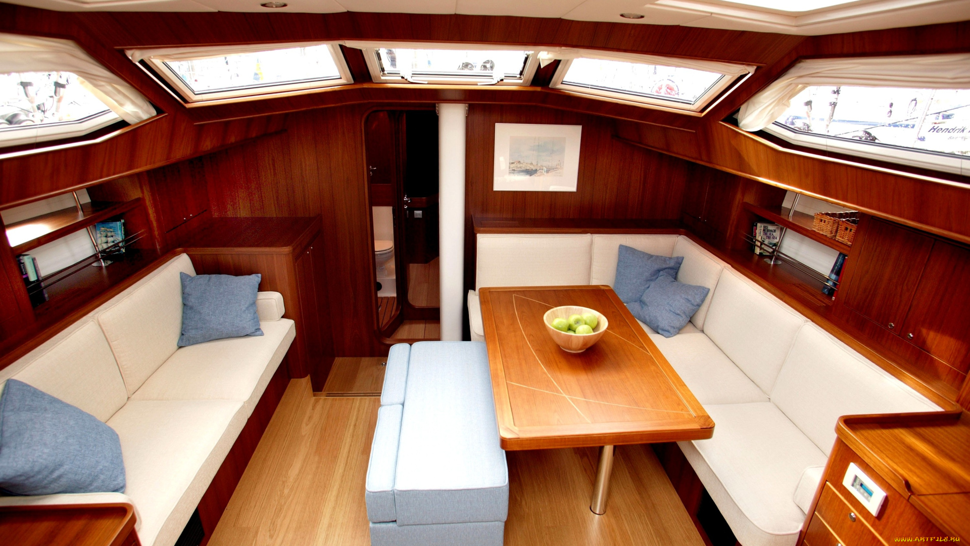 интерьер, каюты, помещения, на, корабле, яблоки, каюта, столик, диваны