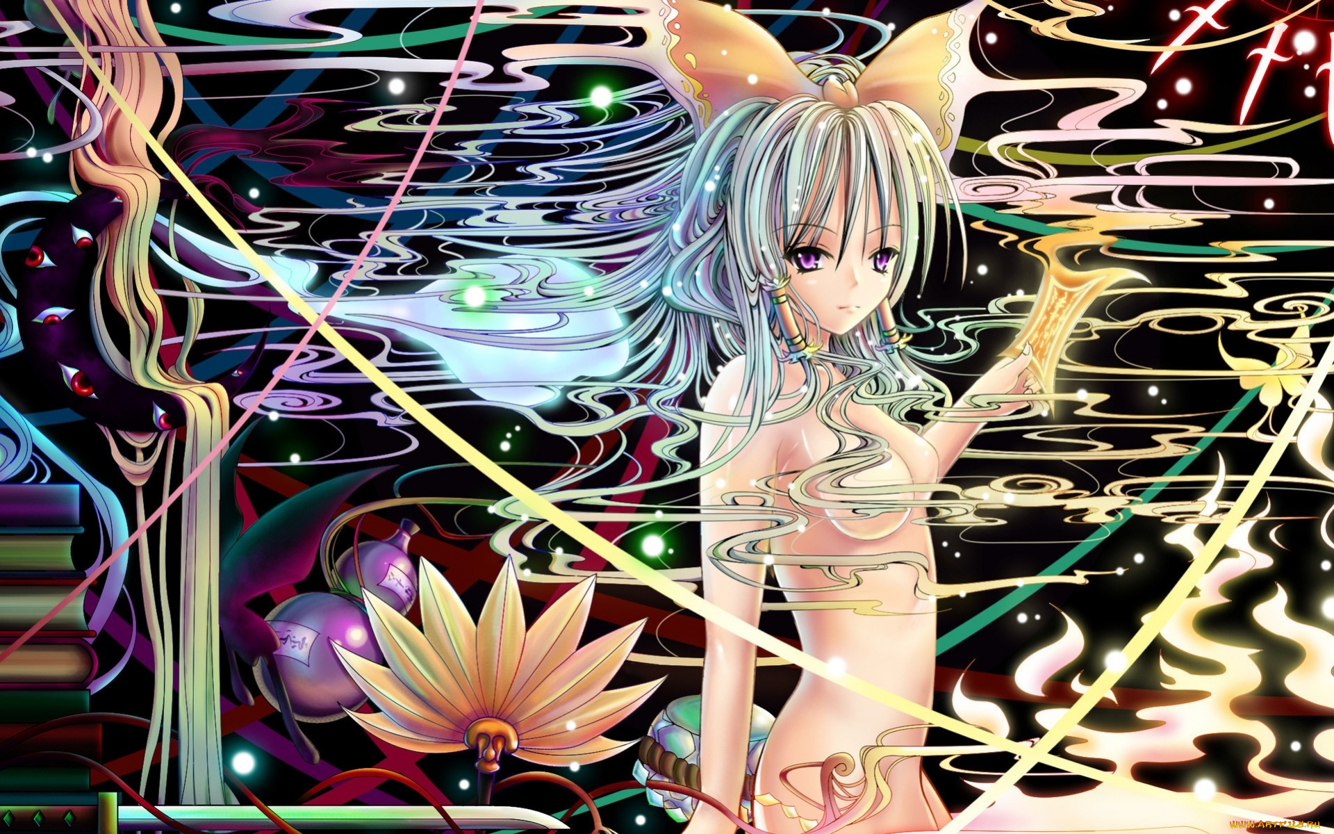 аниме, touhou, глаза, меч, девушка, демоны, цветы