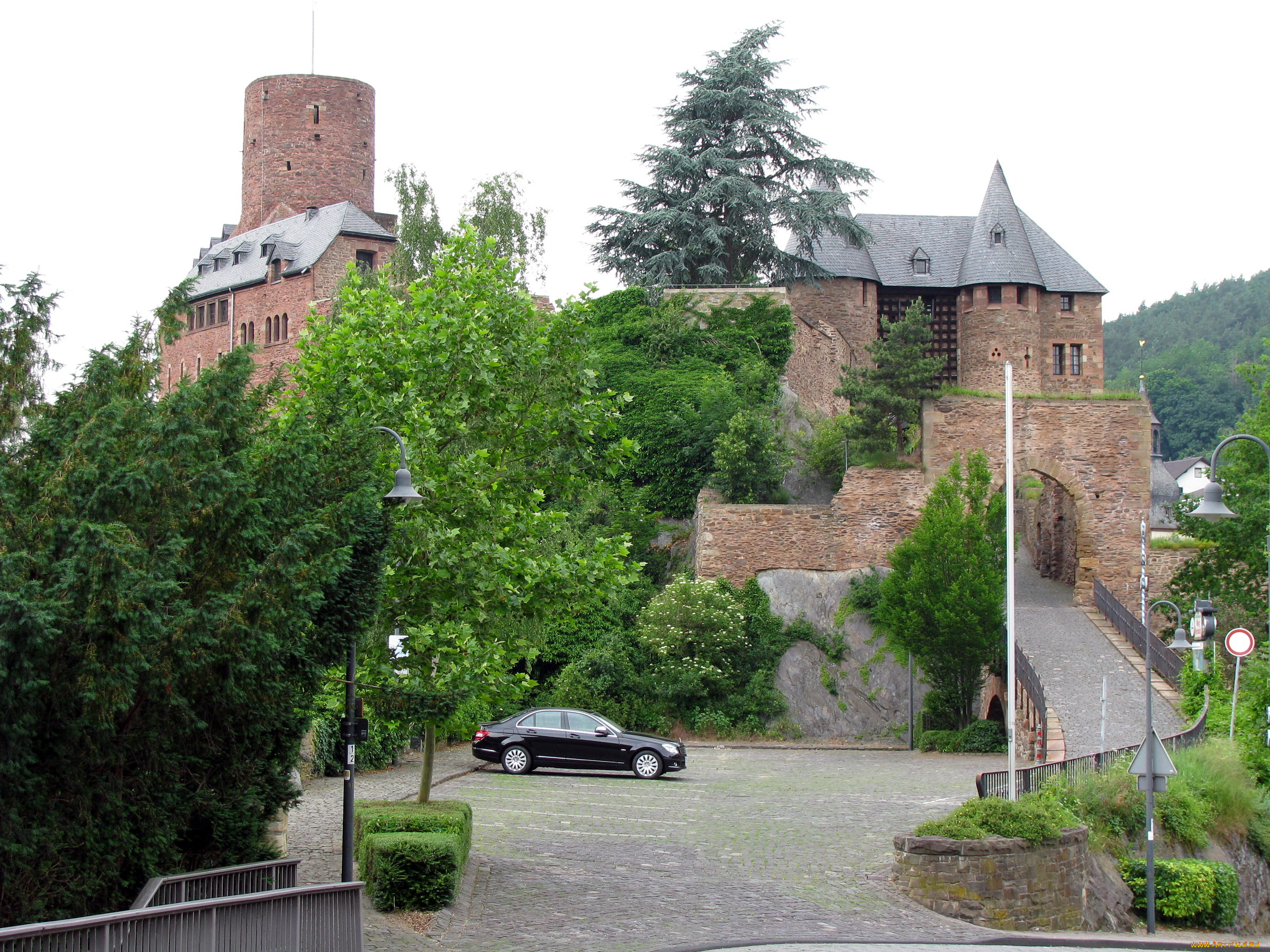 castle, hengebach, germany, города, дворцы, замки, крепости, замок, мост, деревья