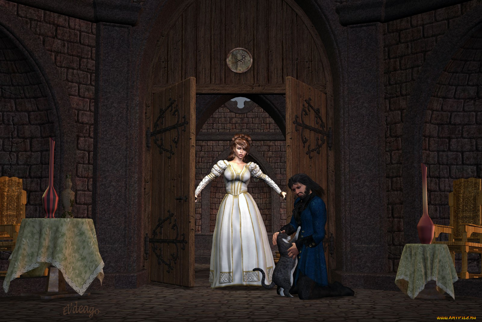 3д, графика, people, люди, стол, кот, комната, девушка