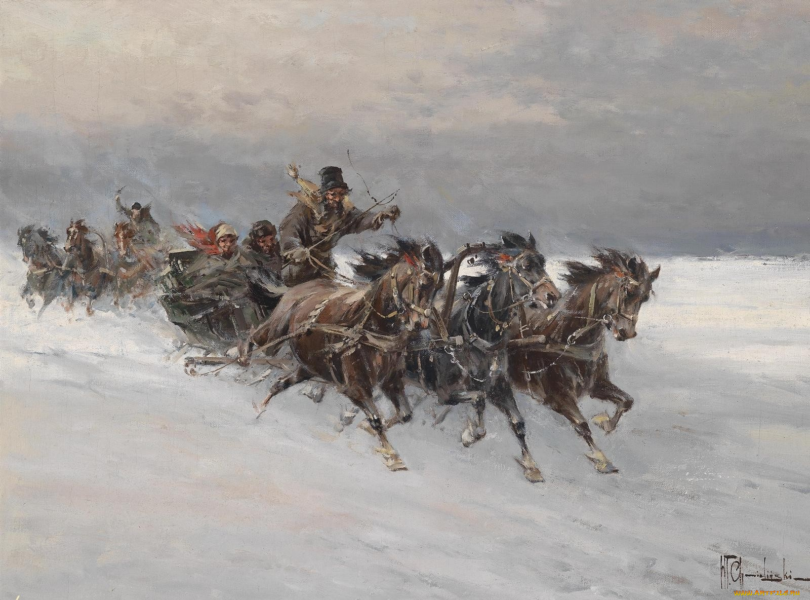 рисованные, wladyslaw, chmielinski, тройка, зимняя, дорога