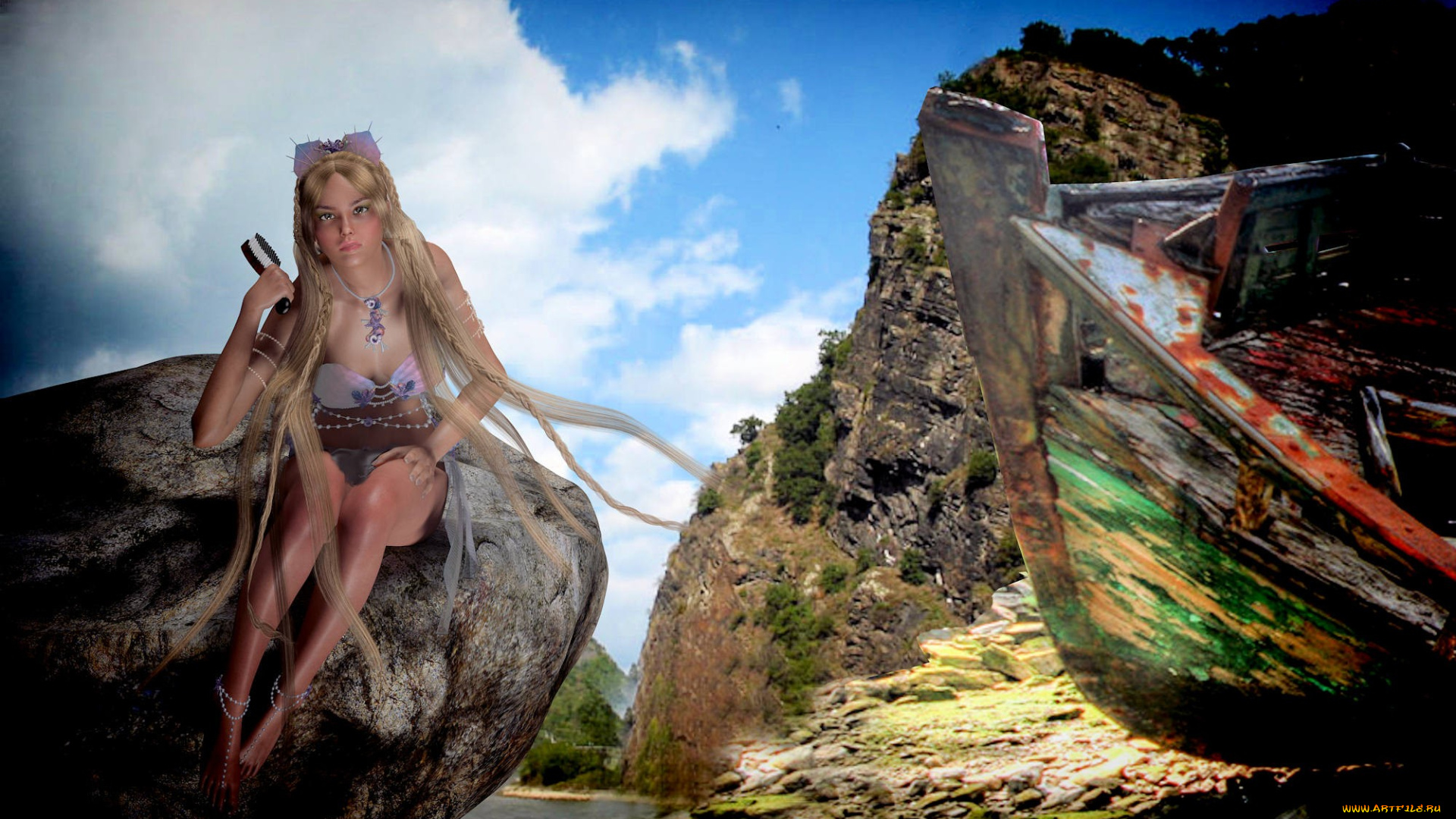 3д, графика, people, люди, lorelei, камень, горы, река