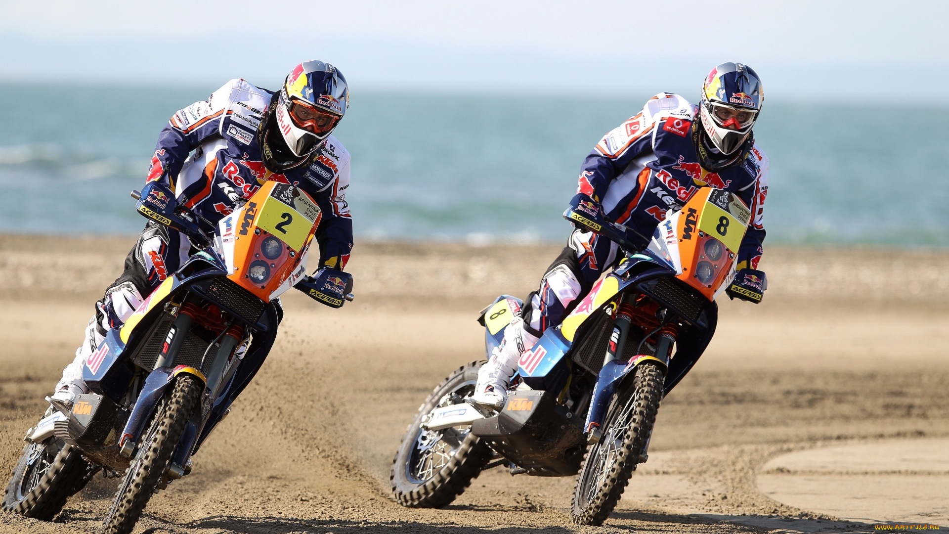 спорт, мотокросс, жара, день, гонка, поворот, dakar, red, bull, два, мотоцикл