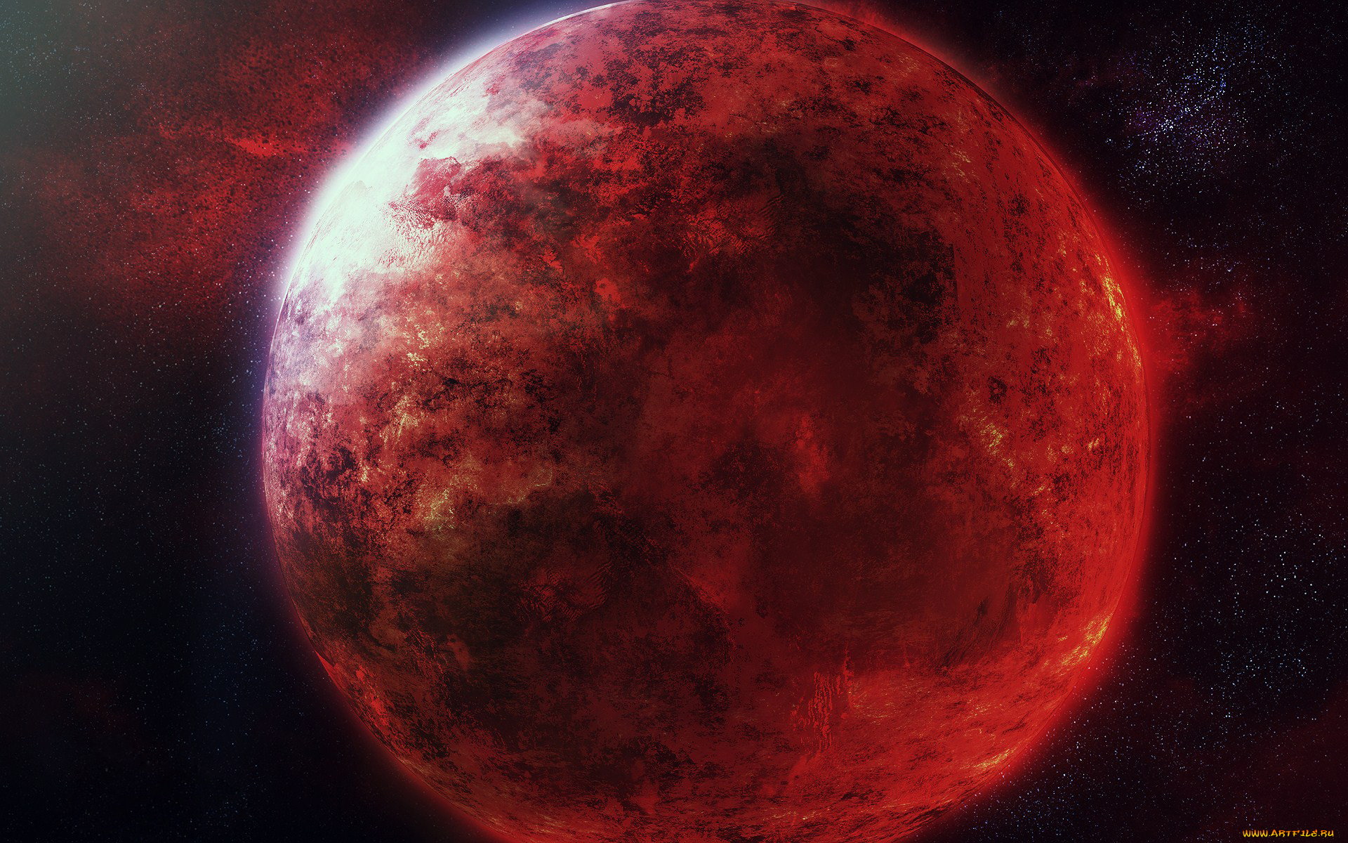 космос, арт, планета, звезды, красная