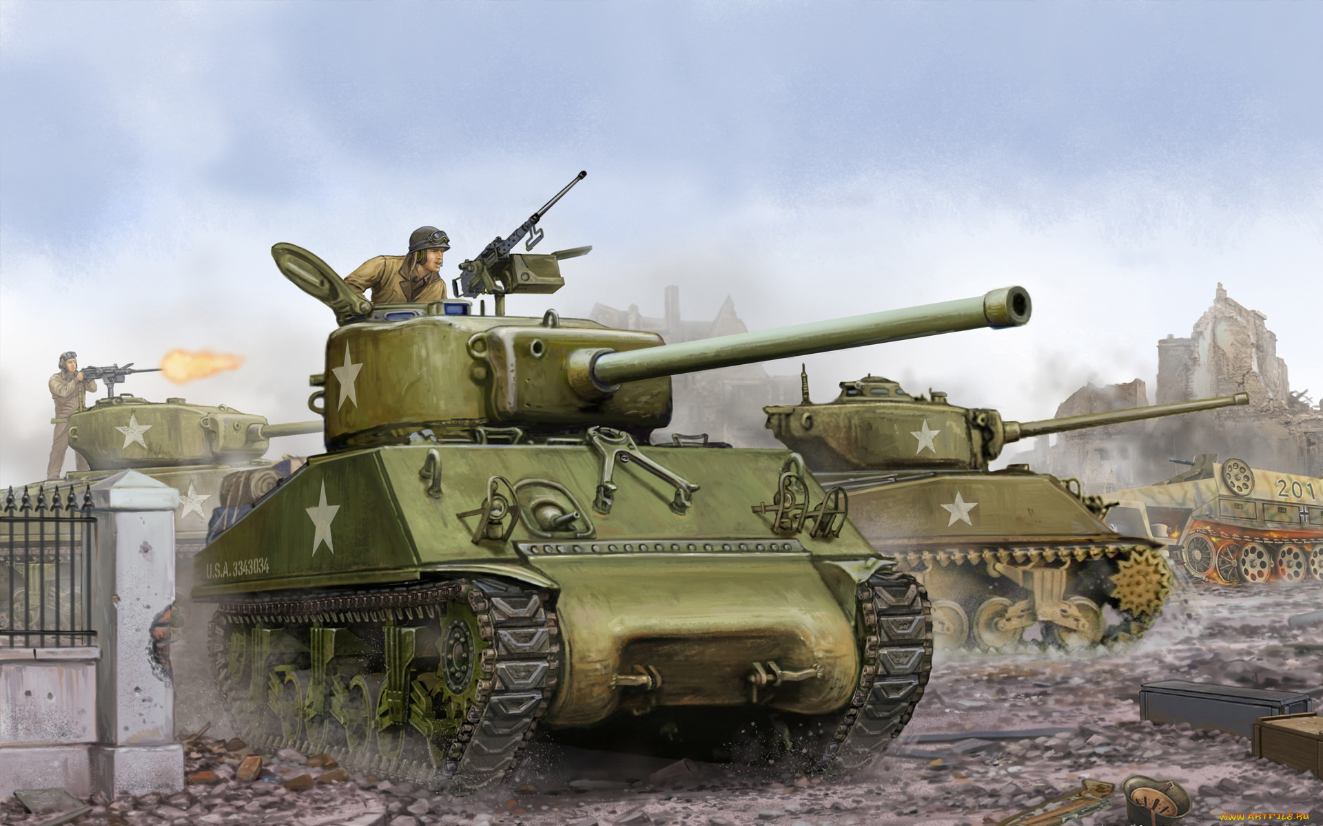 рисованные, армия, основной, 76mm, sherman, m4a3, танк, средний, американский