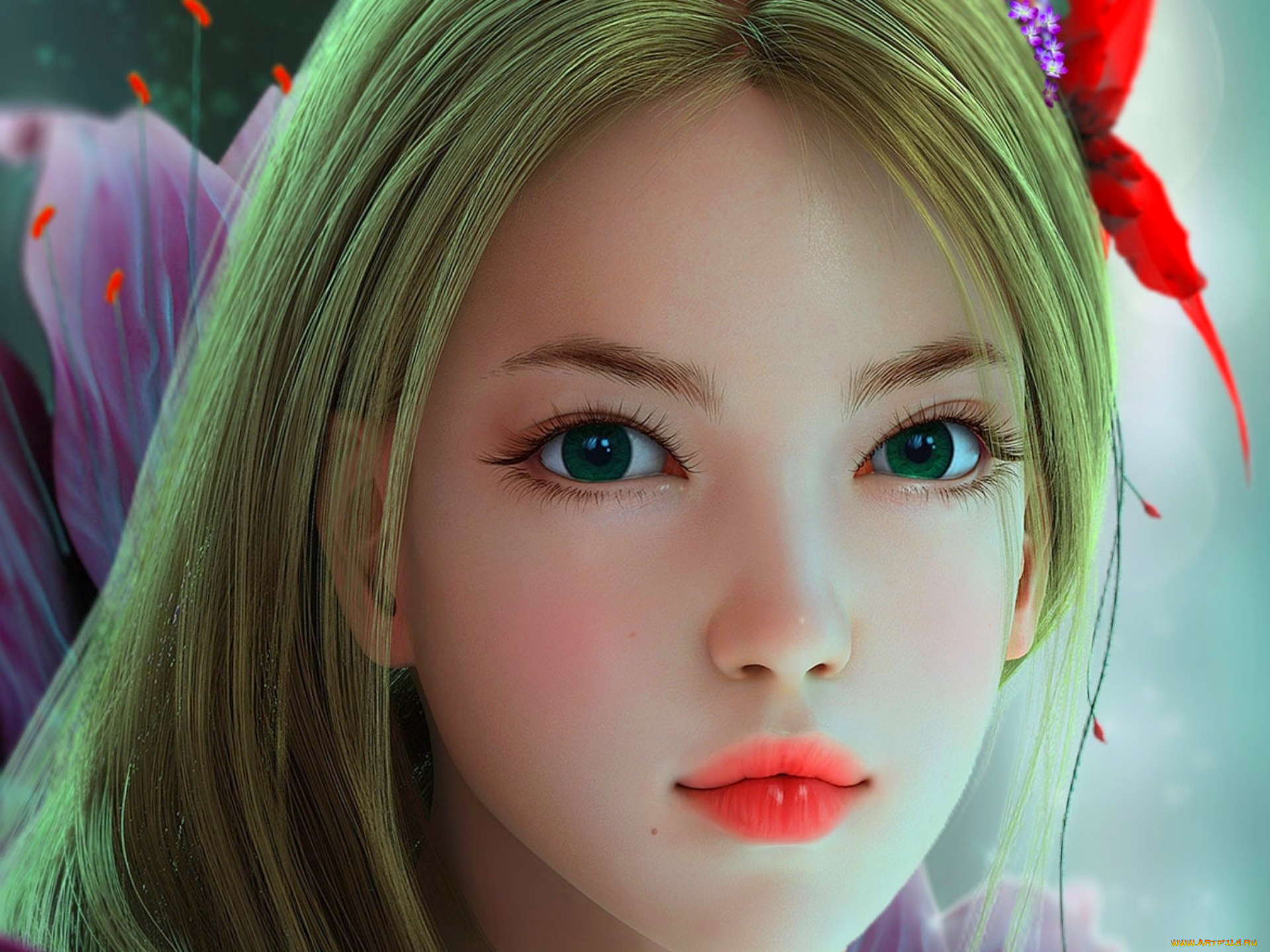 3д, графика, portraits, портрет, девушка, лицо, цветок