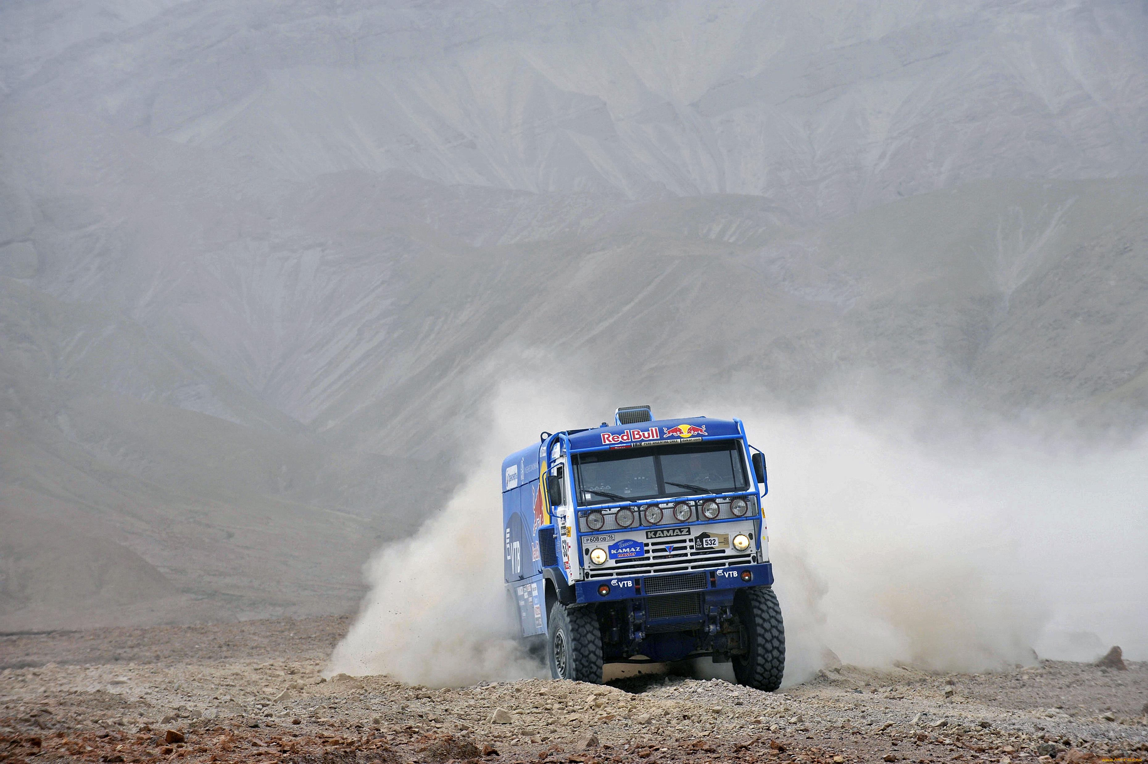 спорт, авторалли, камаз, пыль, передок, грузовик, ралли, дакар, синий, red, bull, фары