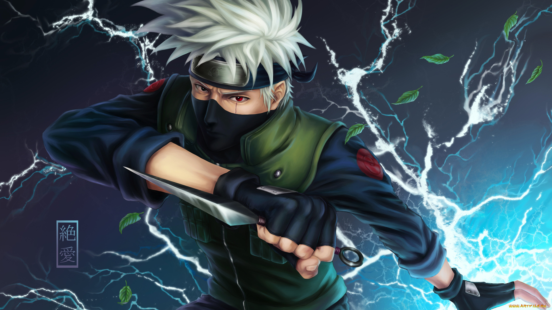 аниме, naruto, solo, hatake, kakashi, перчатки, листья, шрам, иероглиф