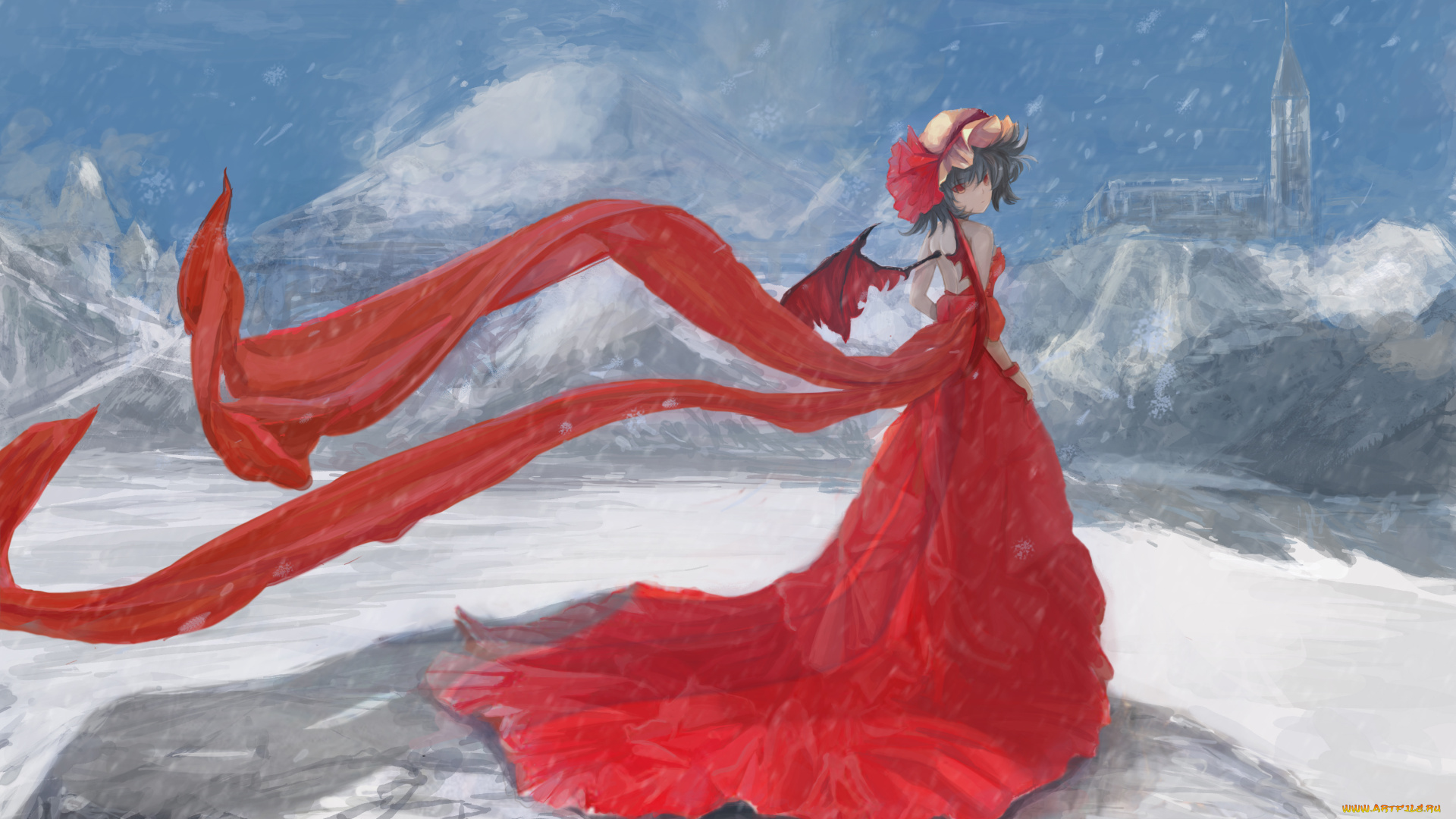 by, magician, аниме, touhou, горы, замок, снег, зима, девушка, remilia, scarlet, крылья, красное, платье, демон