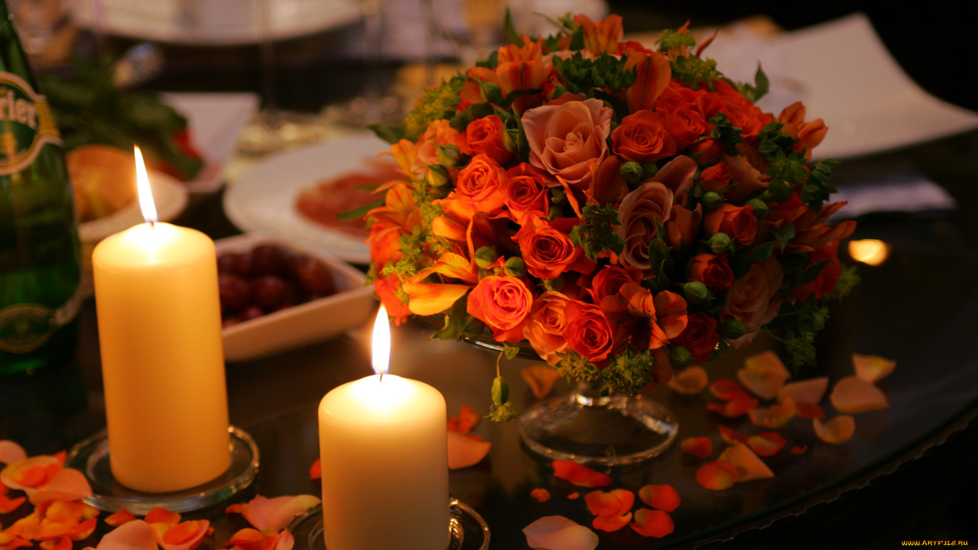 цветы, розы, букет, лепестки, свечи