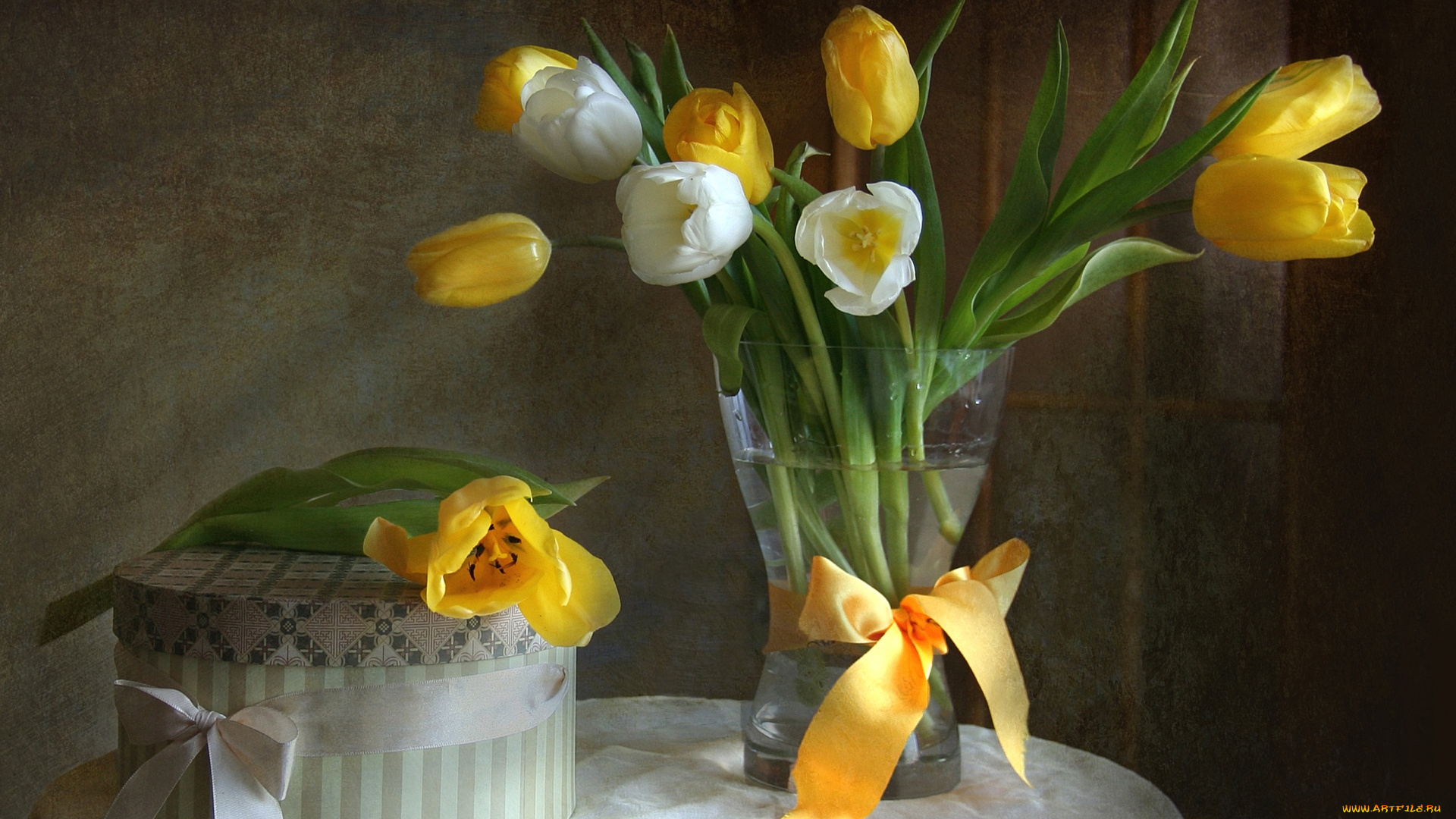 цветы, тюльпаны, коробка, букет