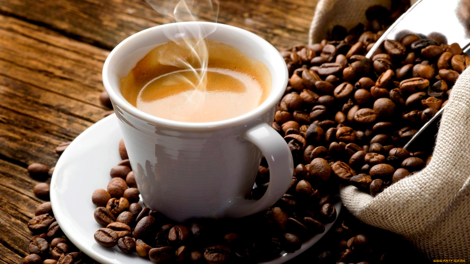 еда, кофе, , кофейные, зёрна, блюдце, чашка, мешок, зерна, пар