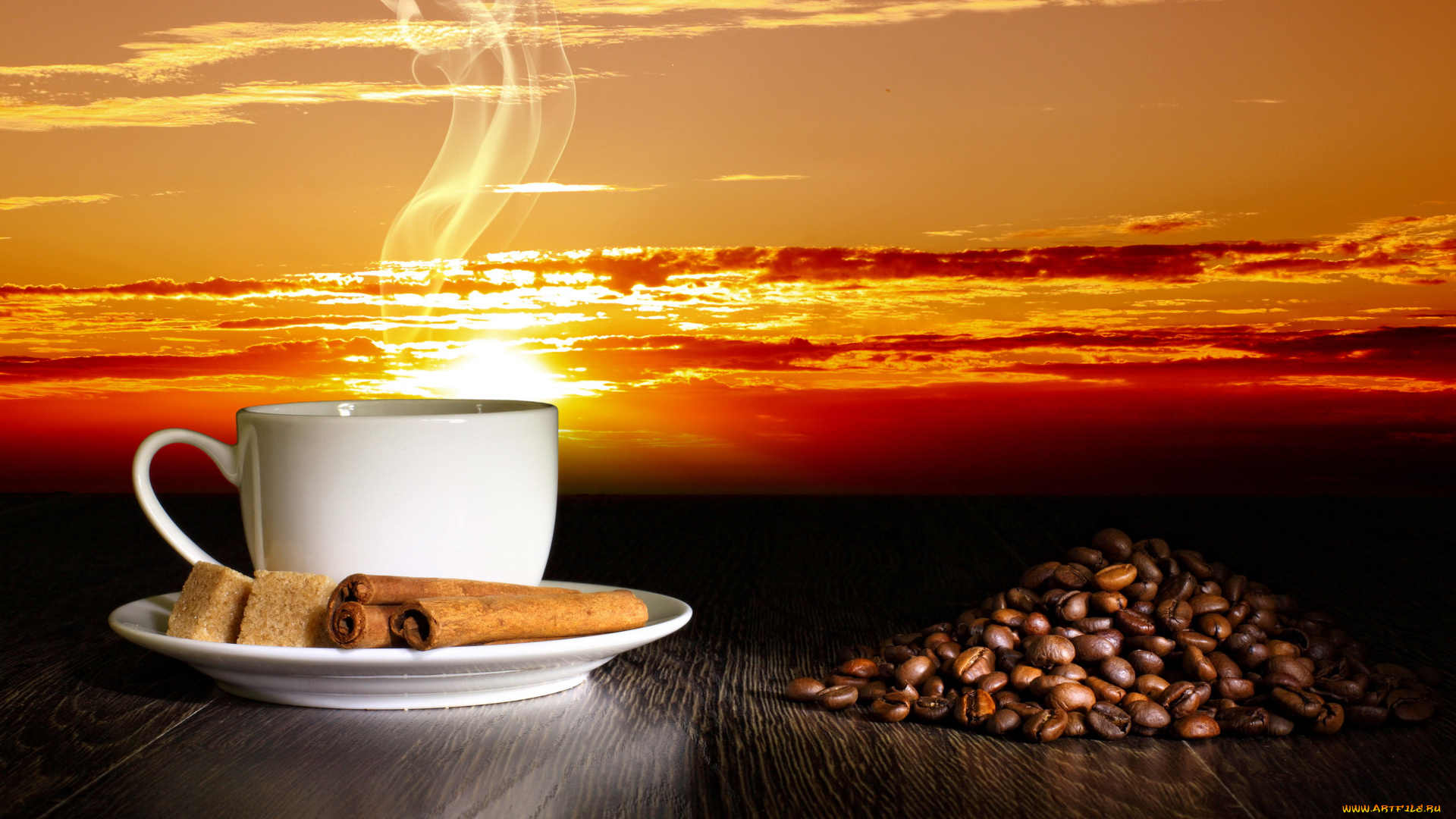 еда, кофе, , кофейные, зёрна, закат, корица, зерна, сахар