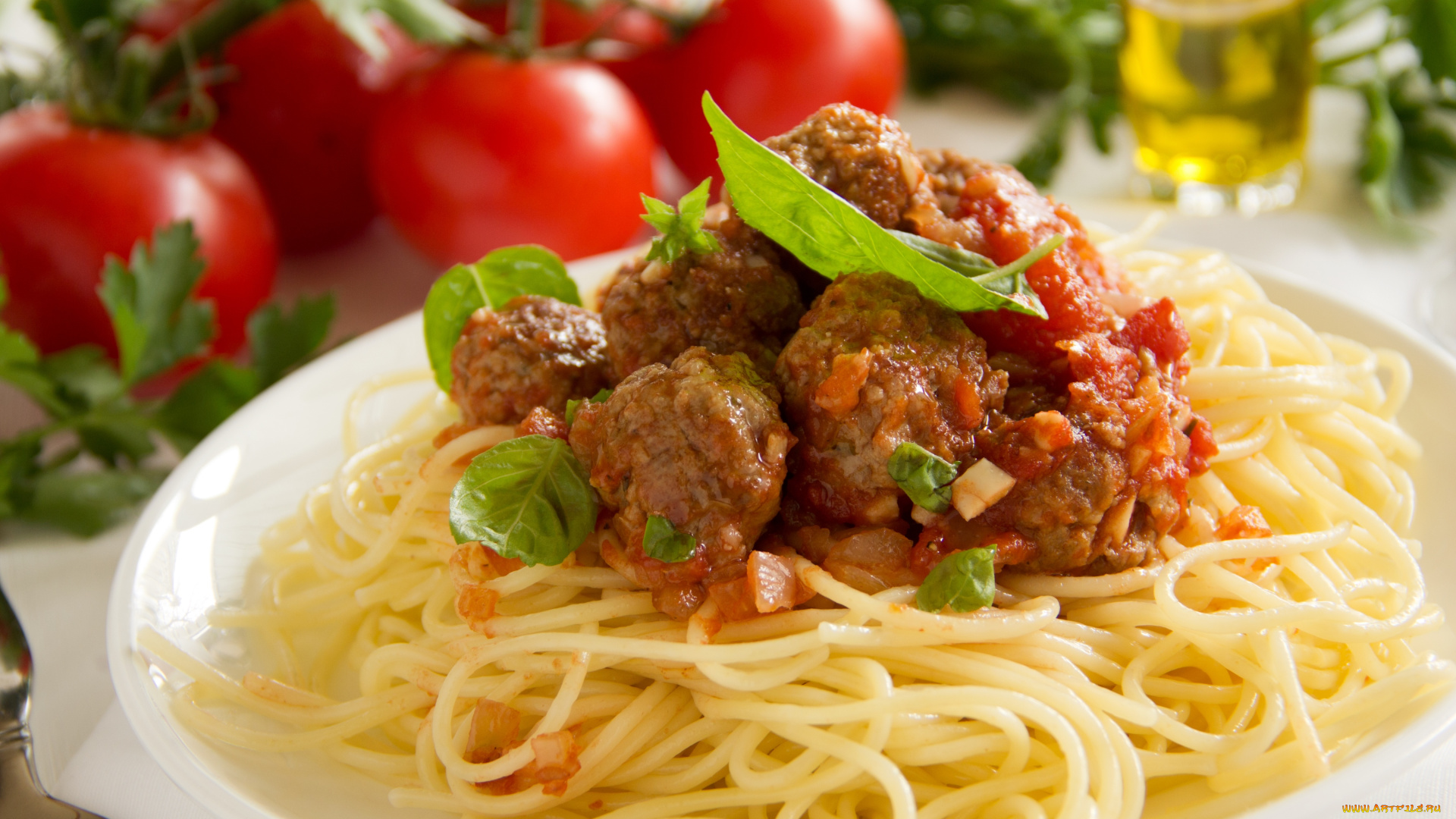 еда, макаронные, блюда, спагетти, помидоры, тефтели