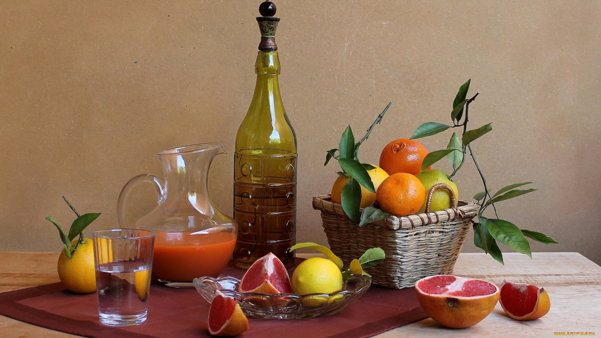 еда, натюрморт, апельсины, лимоны, бутылка, грейпфрут, сок
