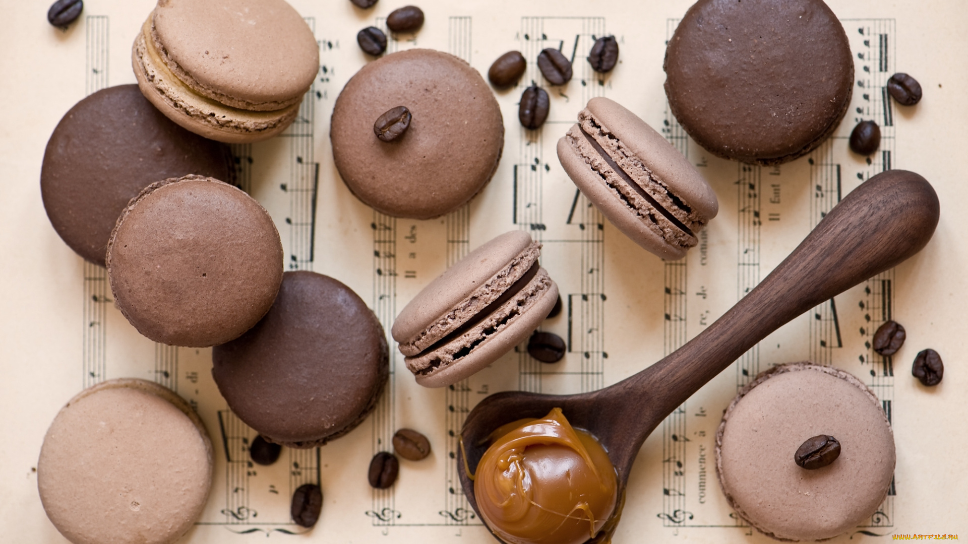 еда, пирожные, , кексы, , печенье, ноты, кофейные, зерна, макарон, карамель