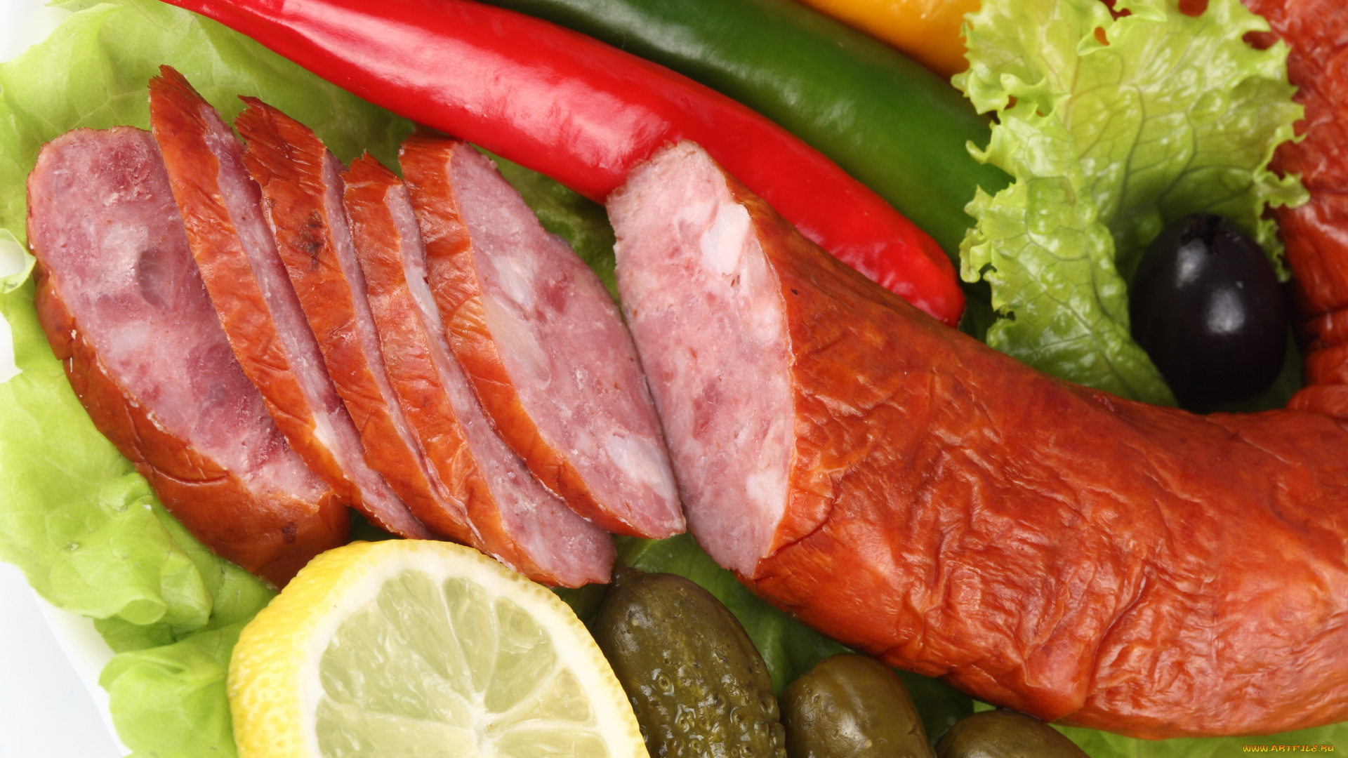 еда, разное, колбаса, лимон, огурцы, перец