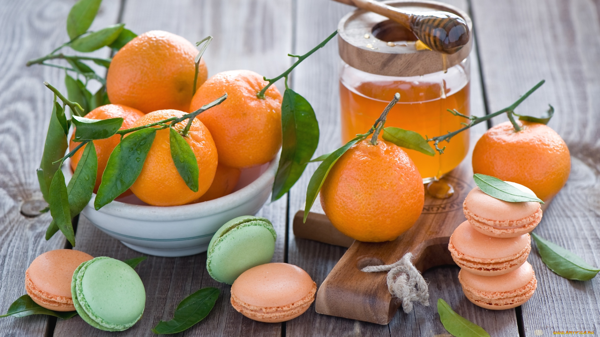 еда, разное, мед, мандарины, макаруны
