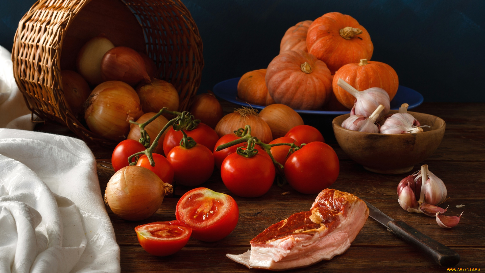 еда, разное, помидоры, чеснок, лук, мясо, тыква