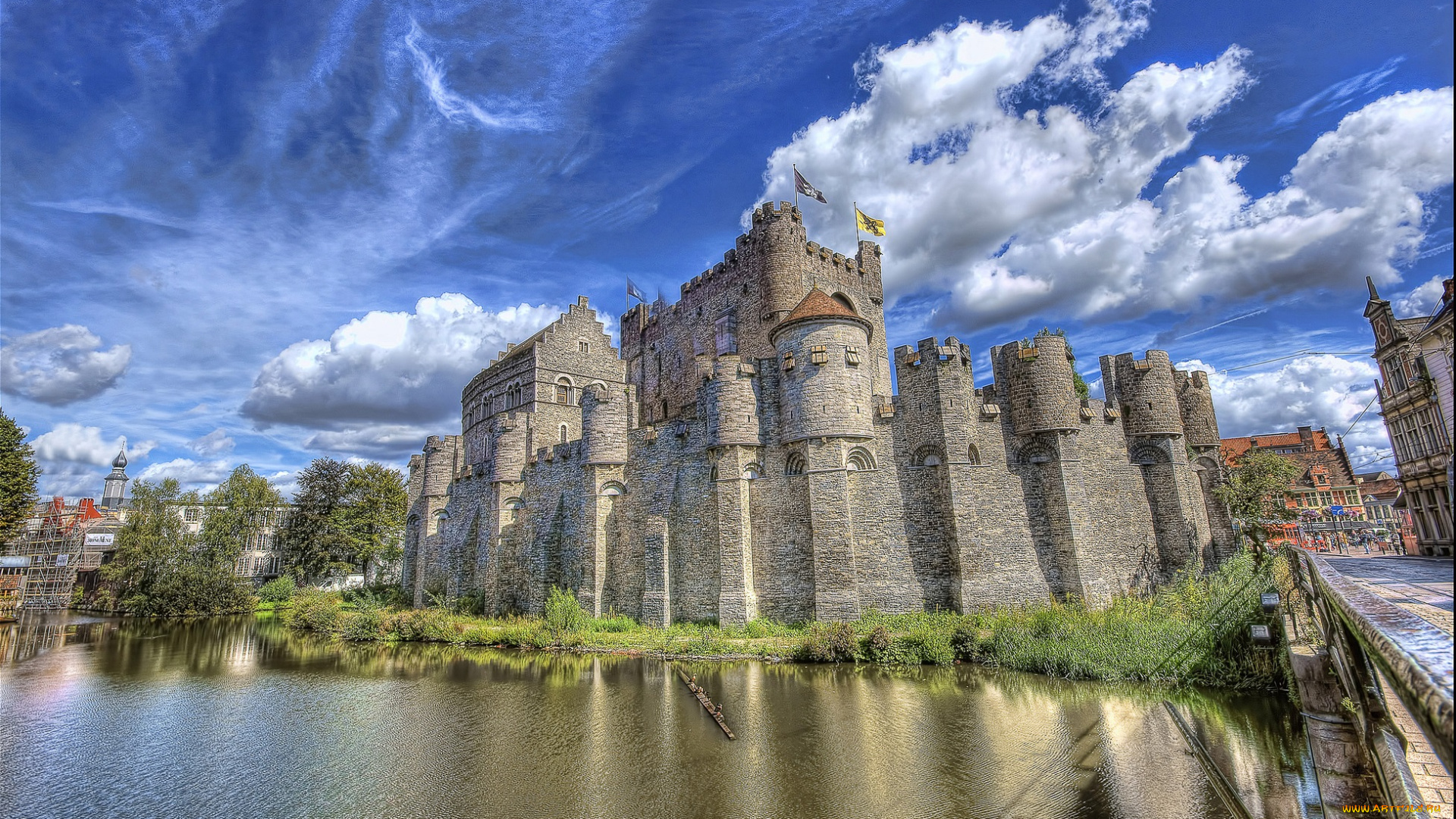 gent, , gravensteen, города, -, дворцы, , замки, , крепости, замок, облака, река, мост