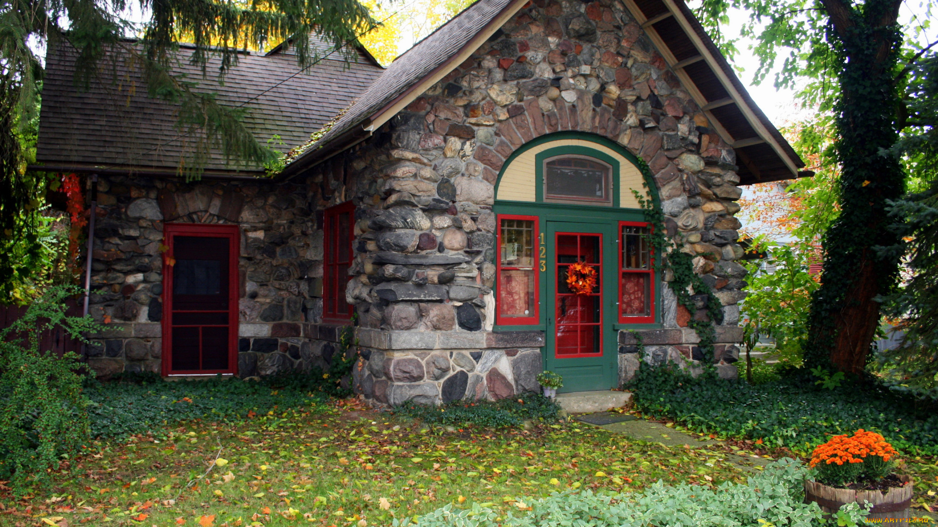 города, -, здания, , дома, цветы, трава, деревья, дом, мичиган, сша