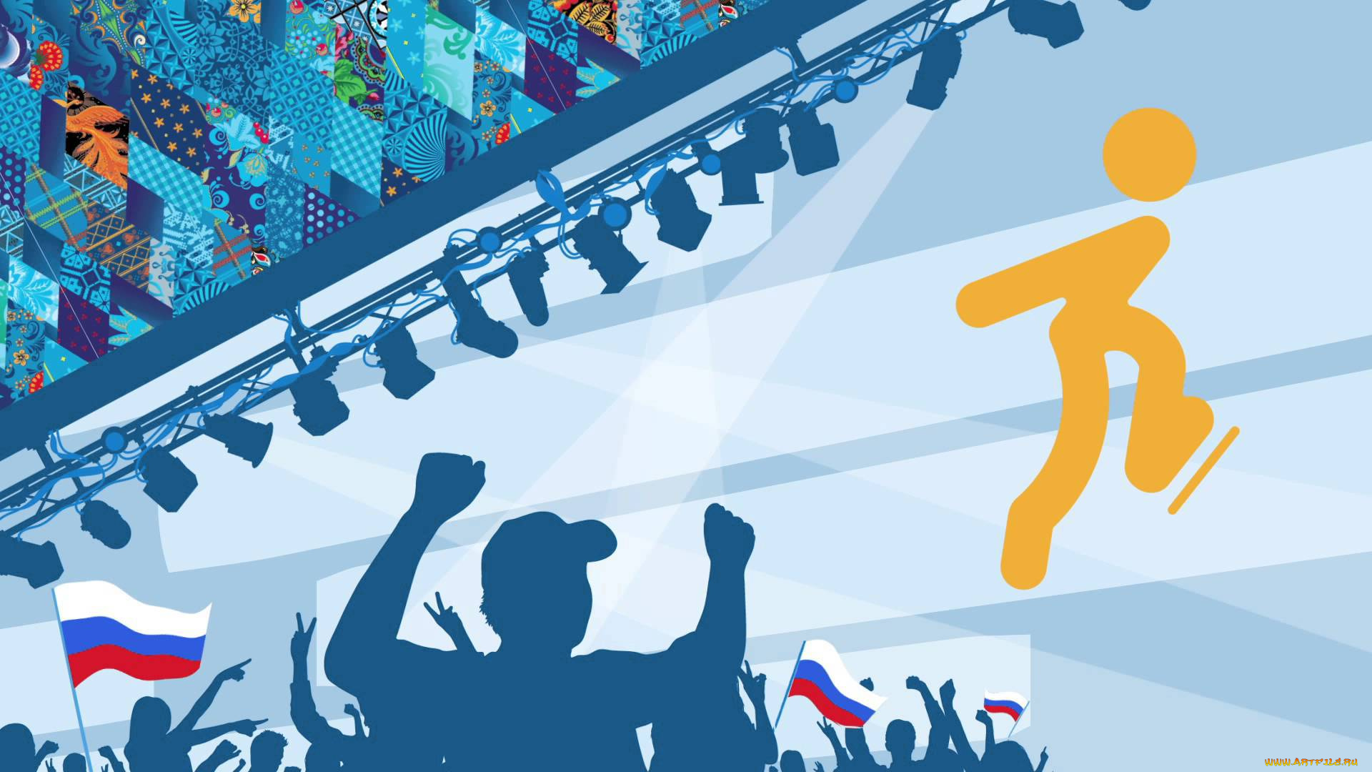 спорт, 3d, рисованные, зрители, спортсмен, болельщики, софиты, орнамент, люди, олимпиада, сочи