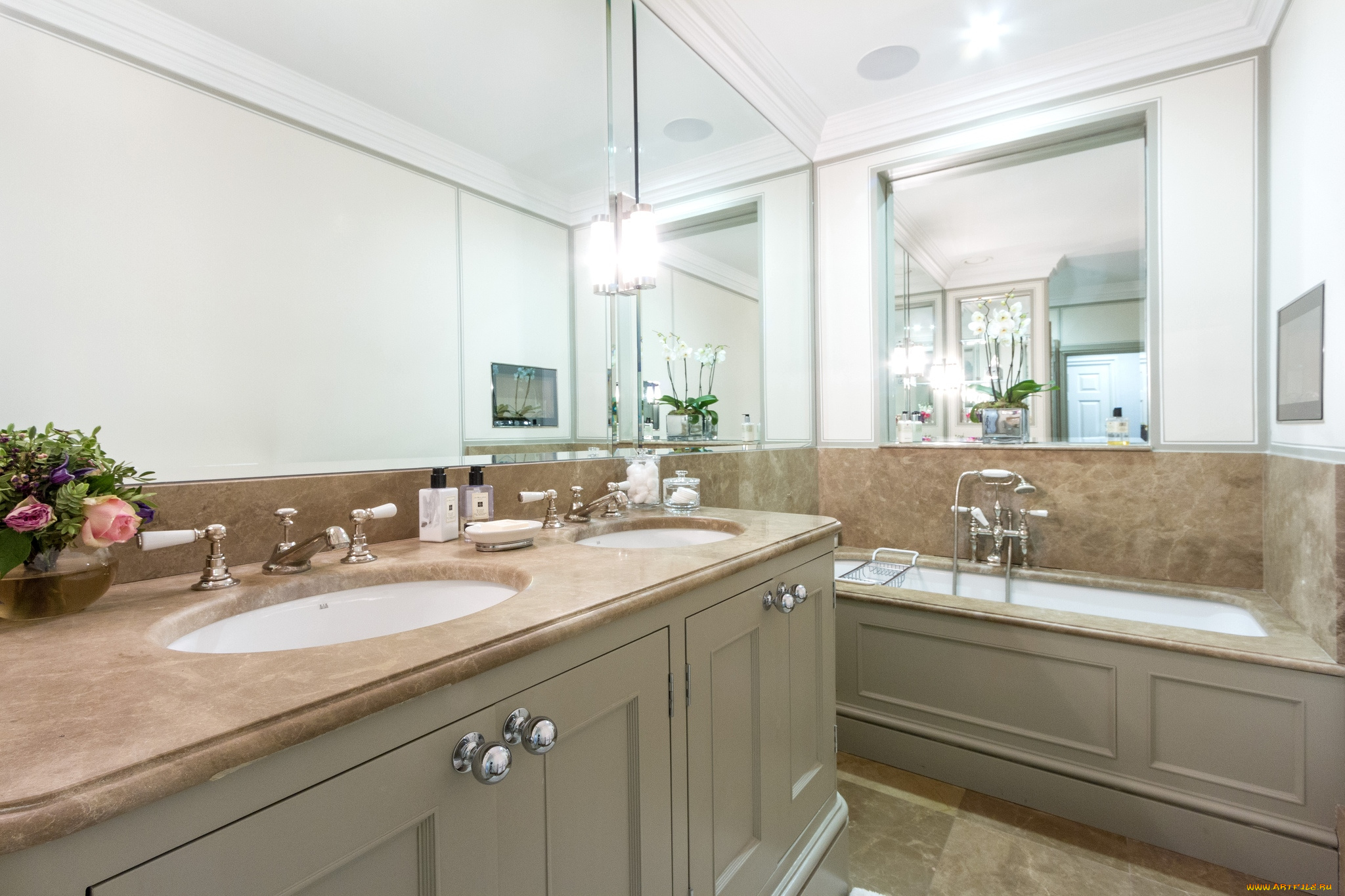 интерьер, ванная, и, туалетная, комнаты, ванна, умывальники