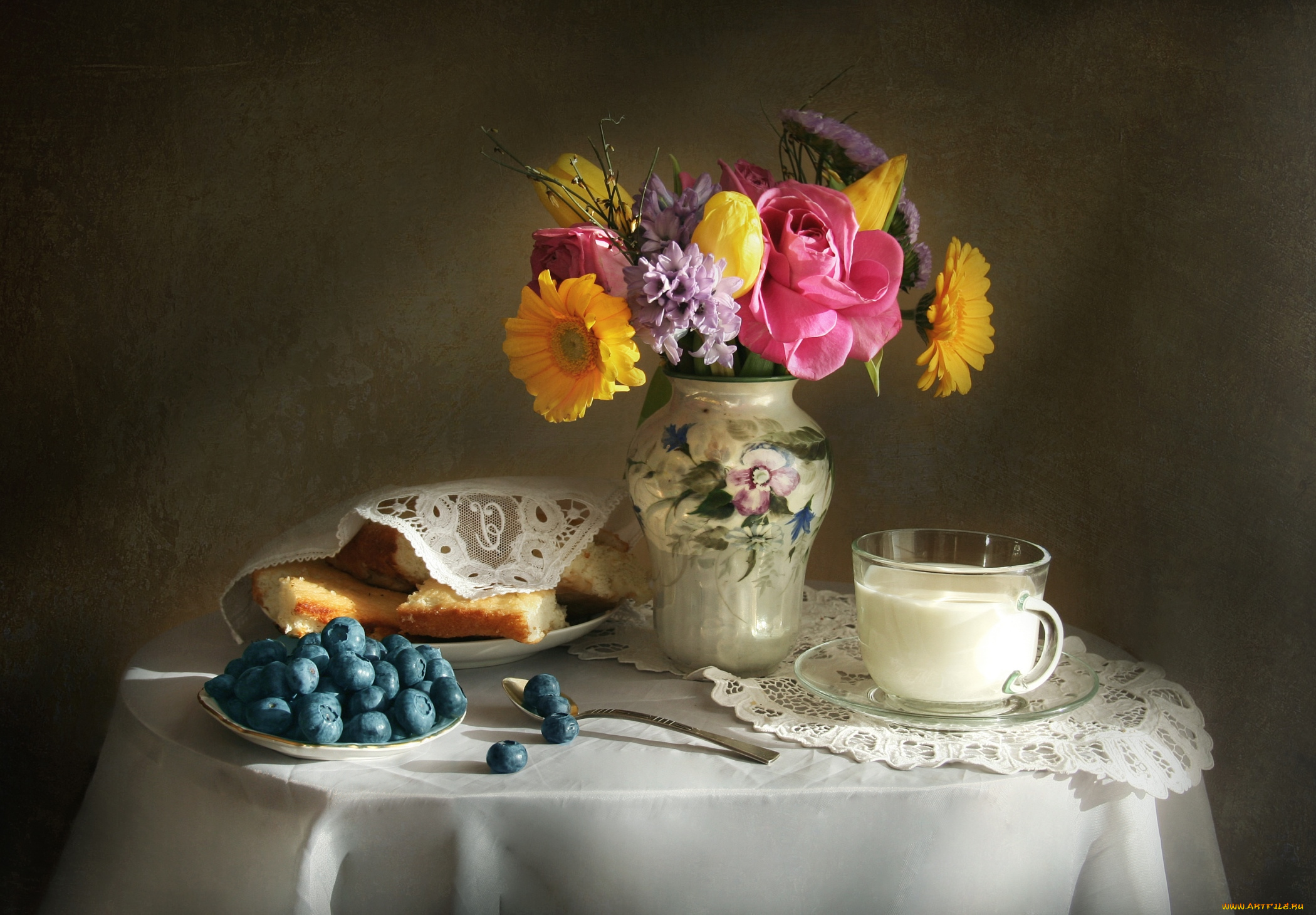 еда, натюрморт, букет, голубика, молоко