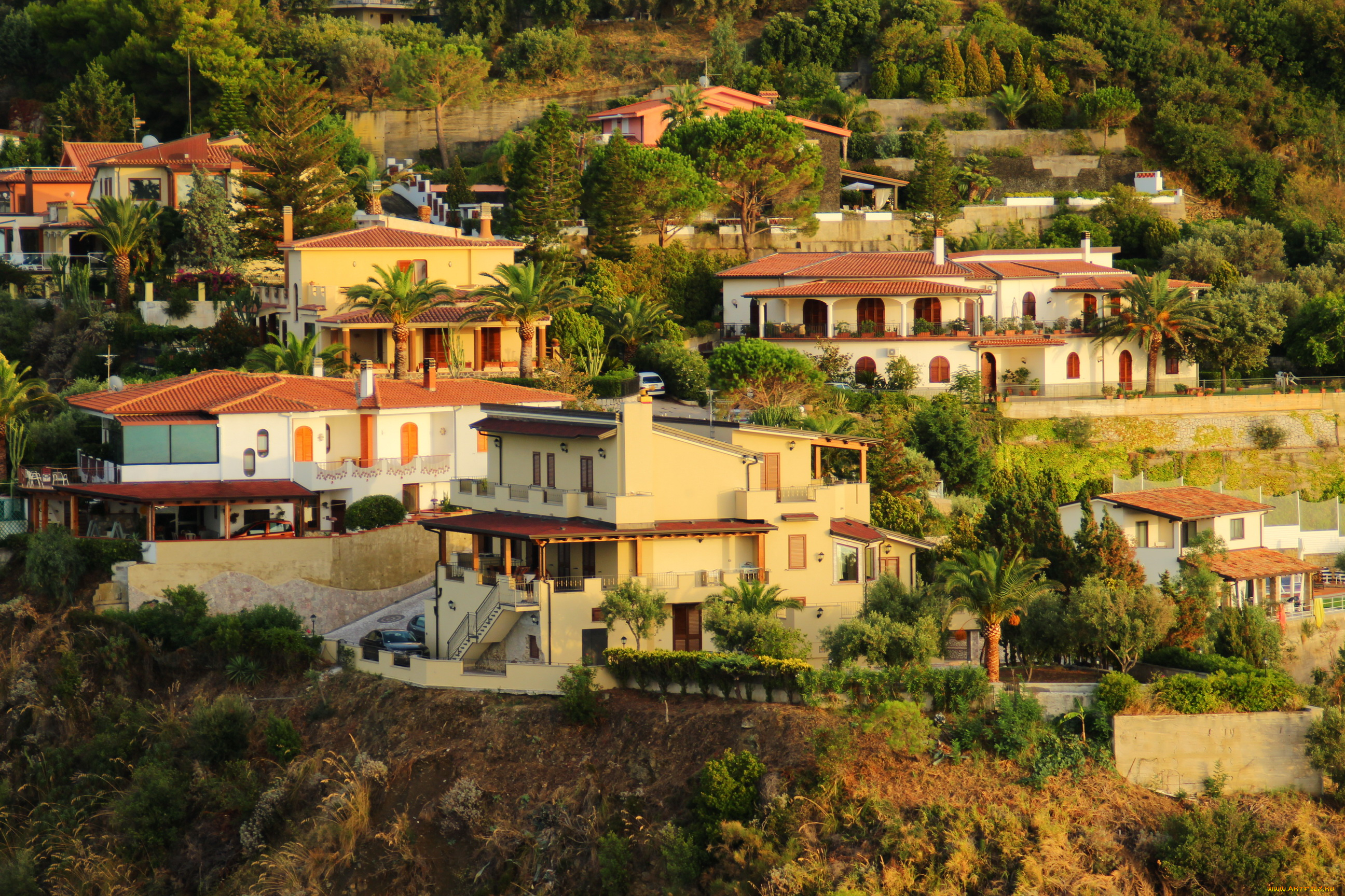 италия, сицилия, капо-д`орландо, города, -, здания, , дома, италия, сицилия, капо-д, орландо, дома, кусты, горы