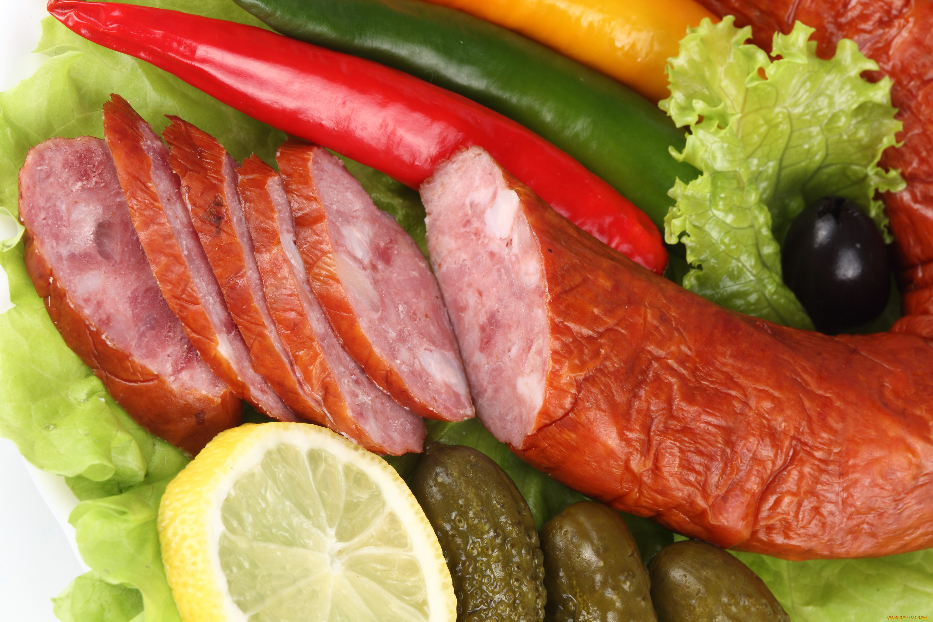еда, разное, колбаса, лимон, огурцы, перец