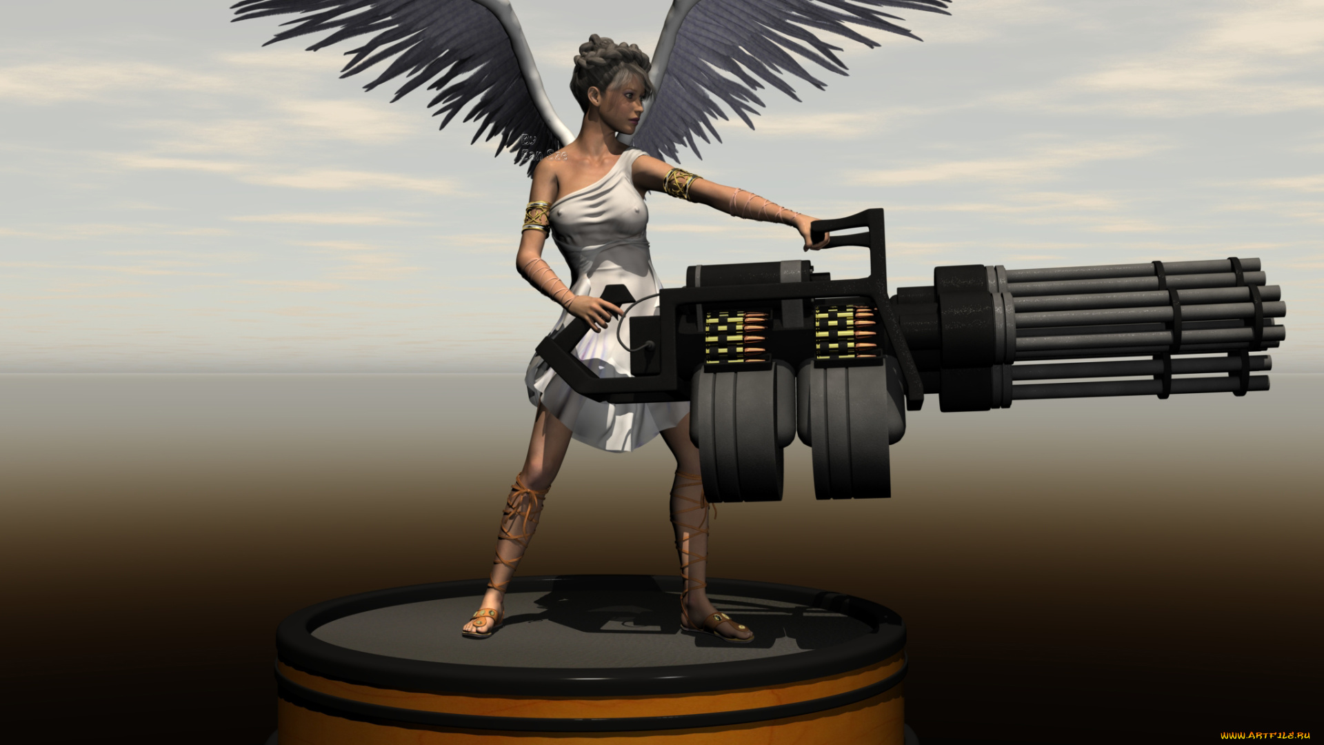 3д, графика, ангел, , angel, оружие, девушка, ангел, фон, взгляд