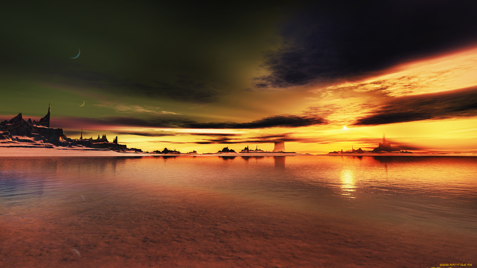 3д, графика, атмосфера, настроение, , atmosphere, , , mood, , луна, горы, море, облака, закат