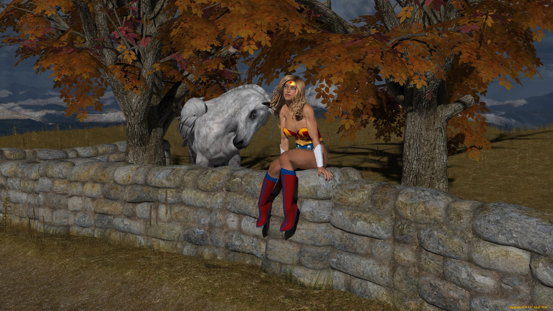 3д, графика, фантазия, , fantasy, деревья, пегас, забор, фон, взгляд, девушка