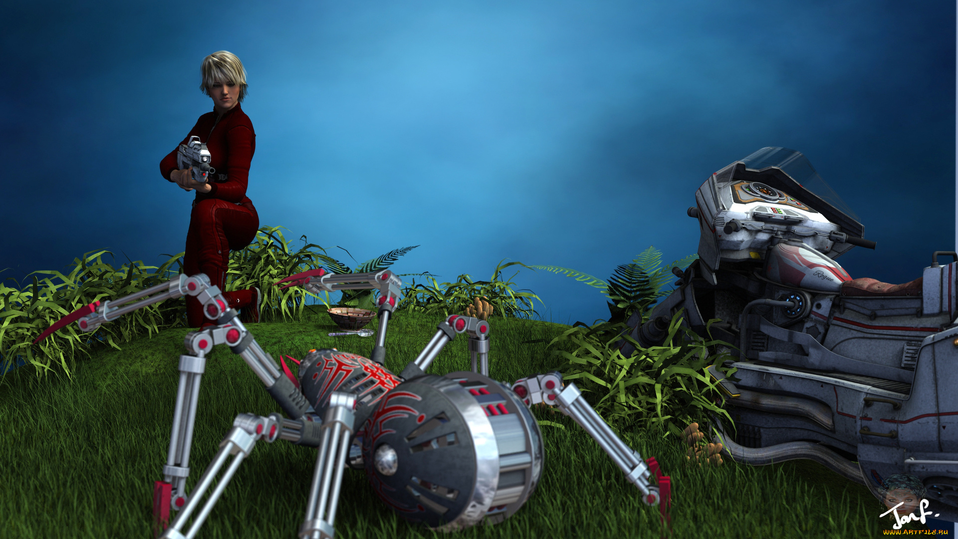 3д, графика, фантазия, , fantasy, девушка, взгляд, фон, оружие, трава, паук