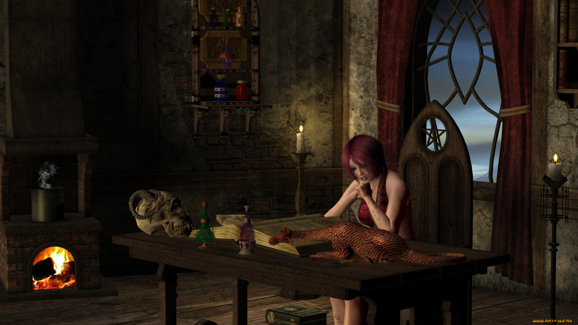 3д, графика, фантазия, , fantasy, девушка, взгляд, стол, книга, дракон, камин, свечи, череп