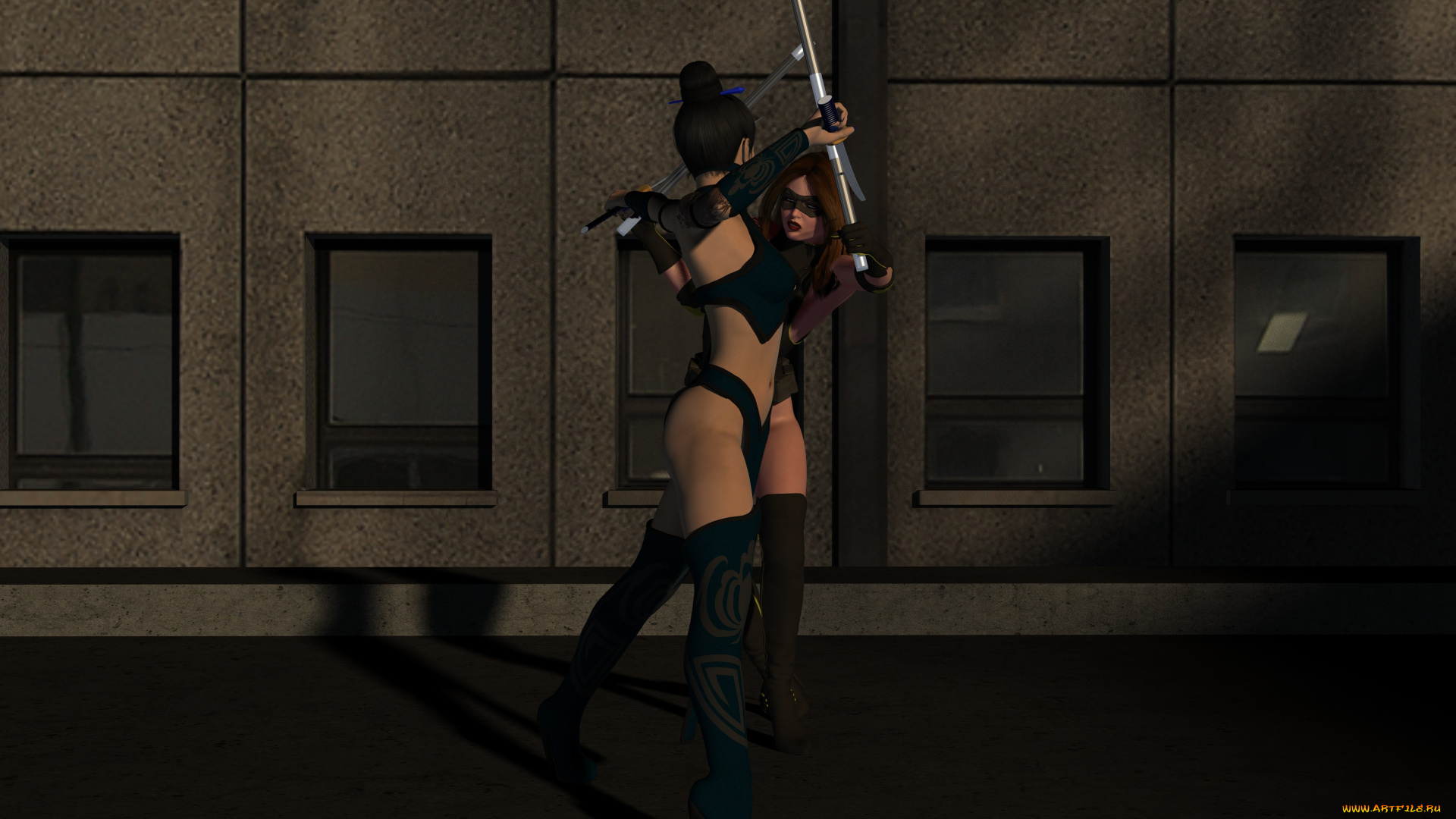 3д, графика, фантазия, , fantasy, взгляд, девушки, улица, оружие, фон