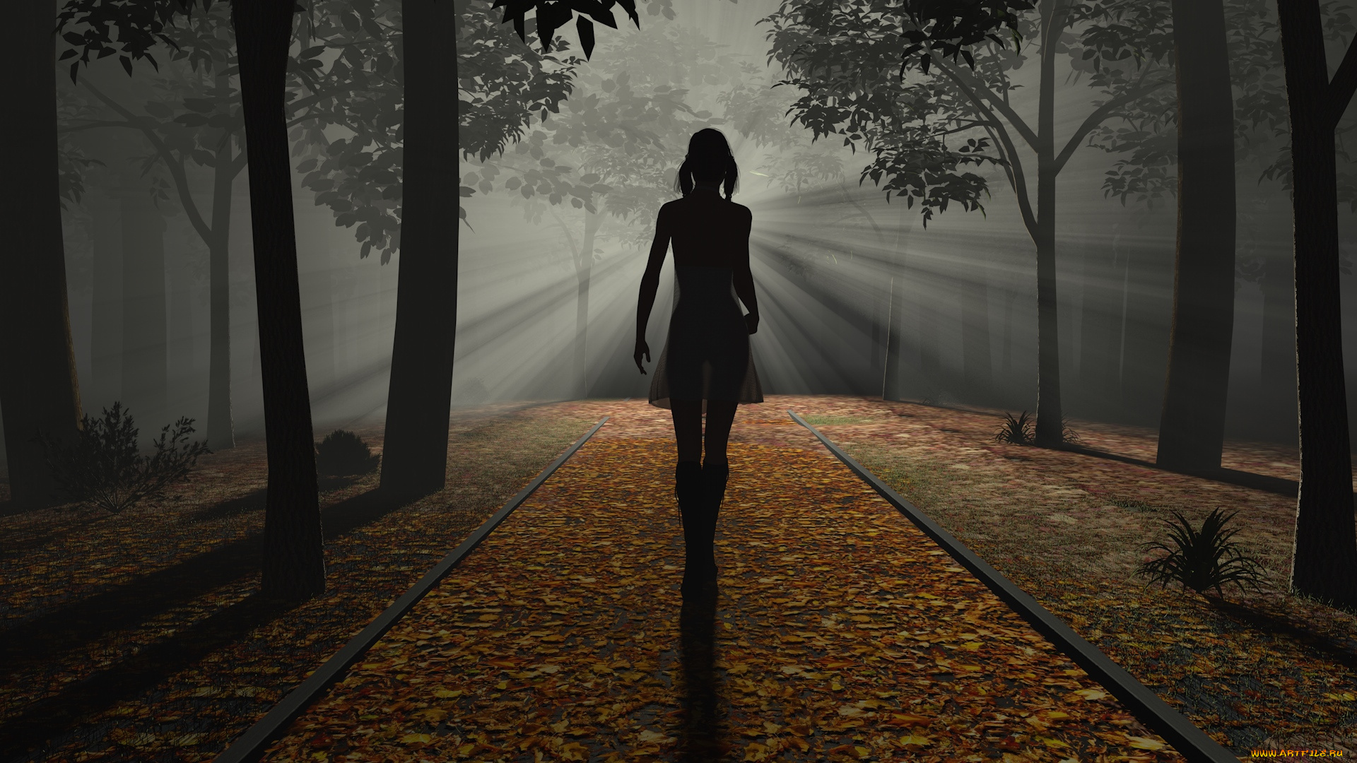 3д, графика, люди, , people, девушка, деревья, лучи, алея, парк, сумерки, фон, взгляд