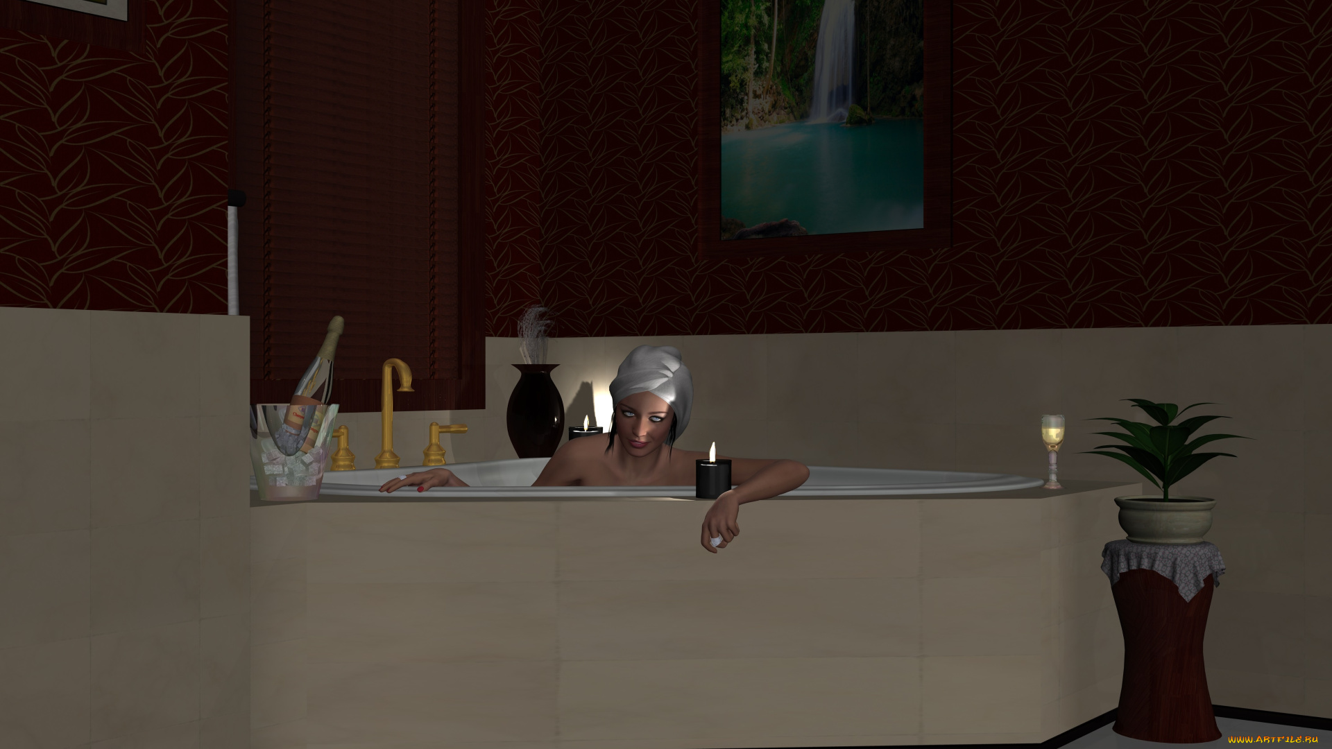 3д, графика, люди, , people, девушка, взгляд, фон, ванная, свечи