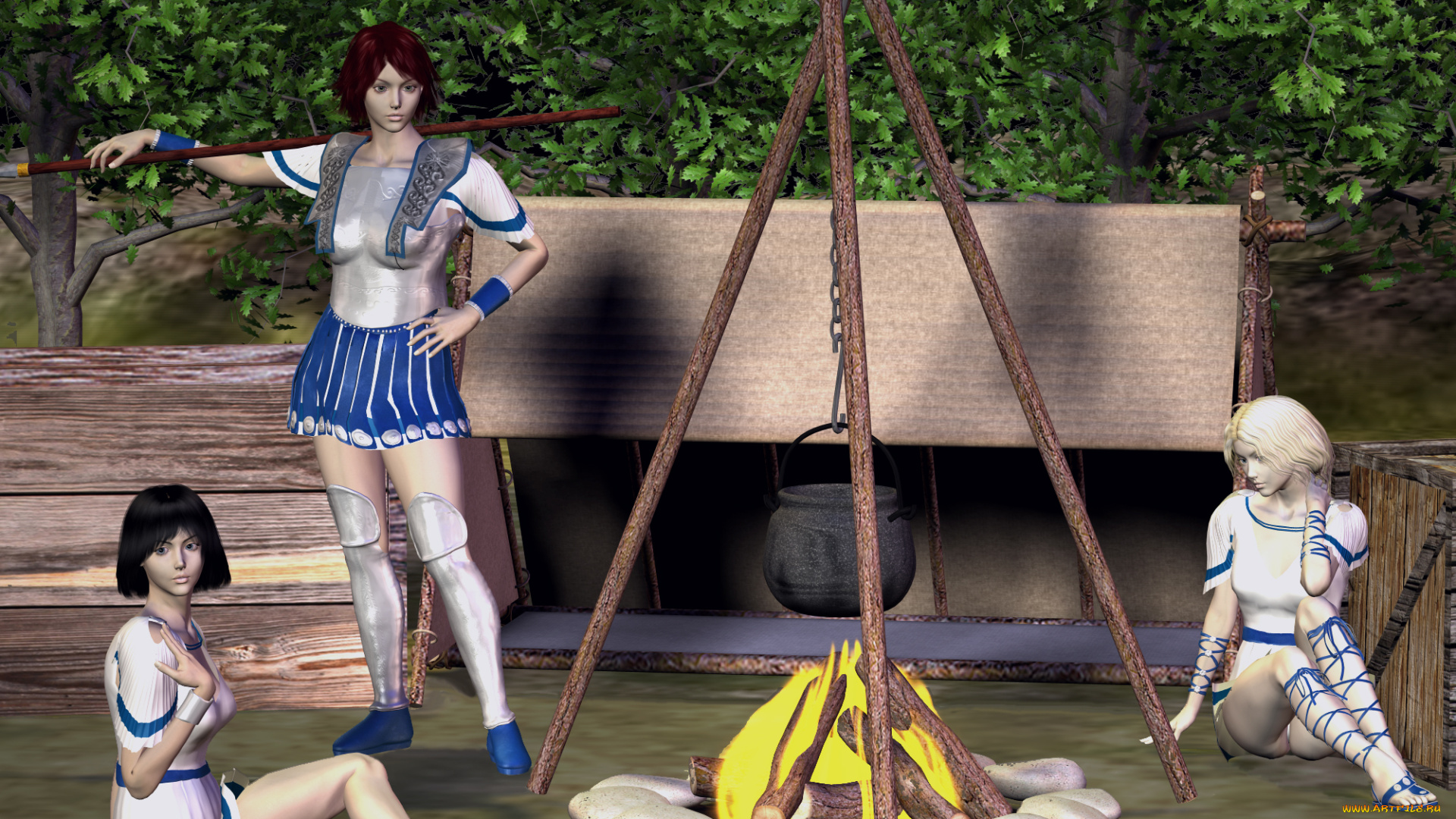 3д, графика, люди, , people, девушки, взгляд, природа, костер, отдых