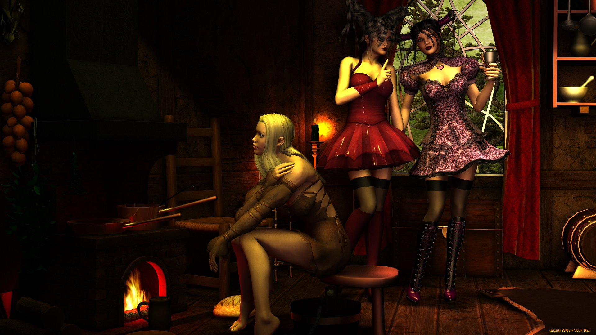3д, графика, люди, , people, камин, фон, взгляд, девушки, вино