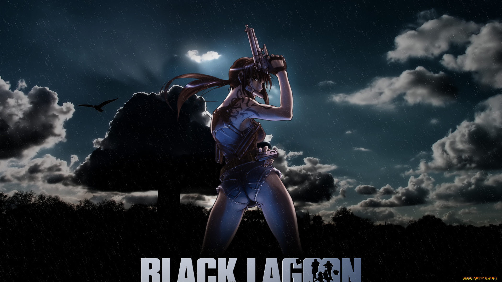 аниме, black, lagoon, птица, небо, дерево, облака, оружие, пистолет, девушка, revy, дождь